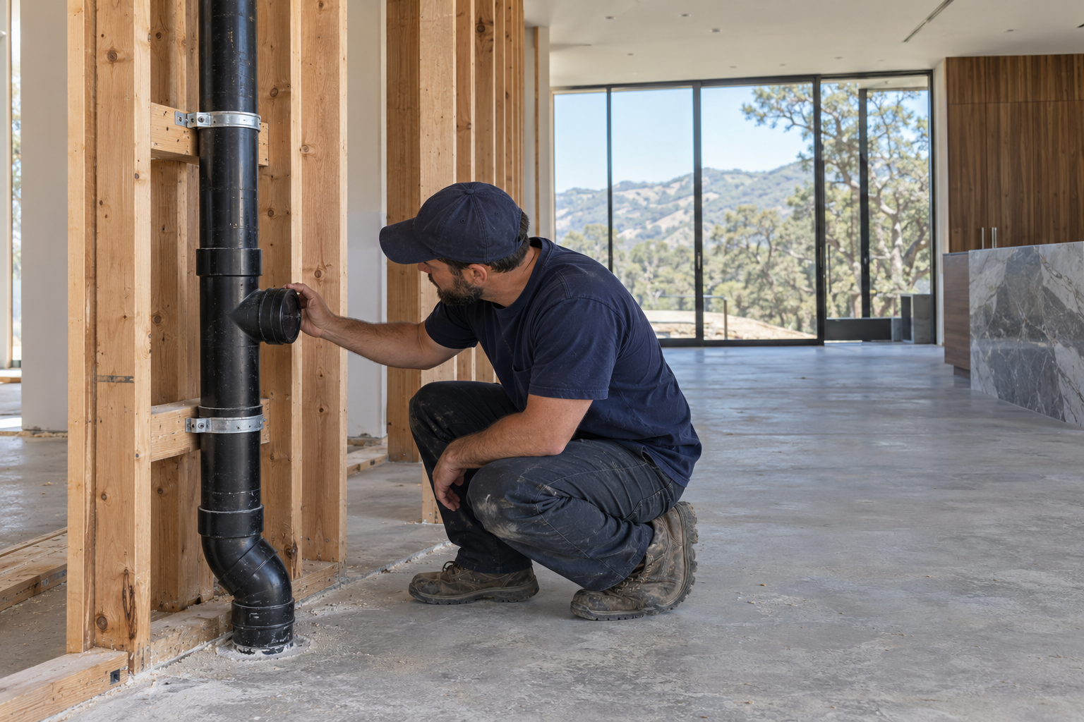 Plumber checking a closure on a supported black ABS drainage stack that continues above the image frame