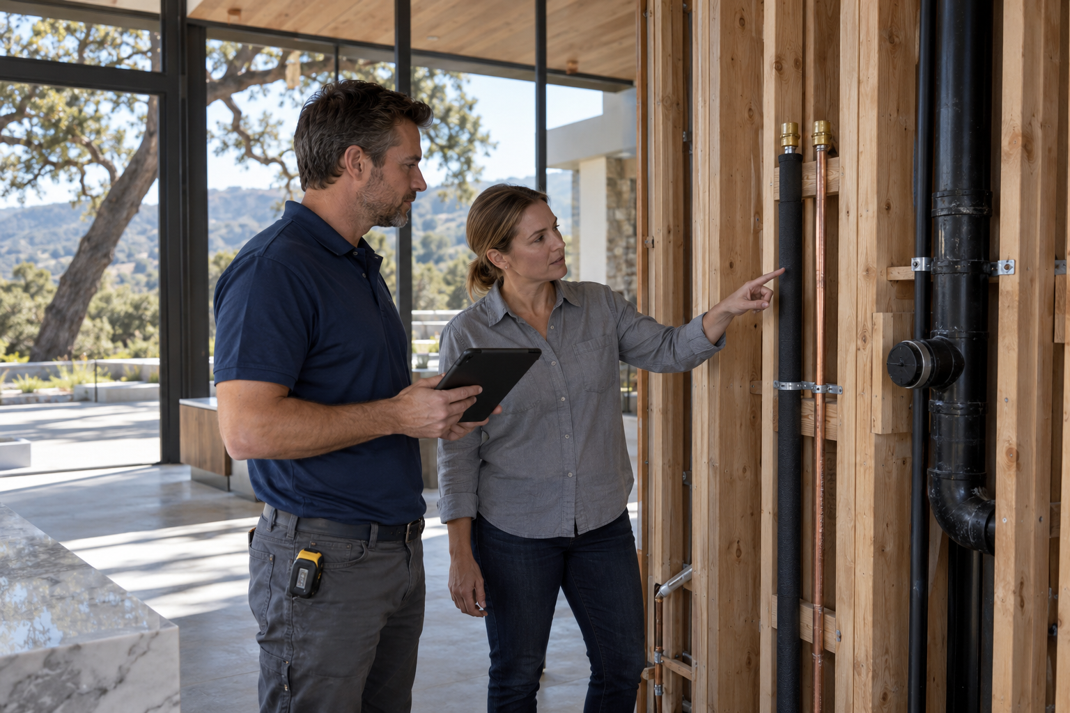 Two professionals reviewing exposed, separate water supplies and drainage piping in an unfinished luxury residence