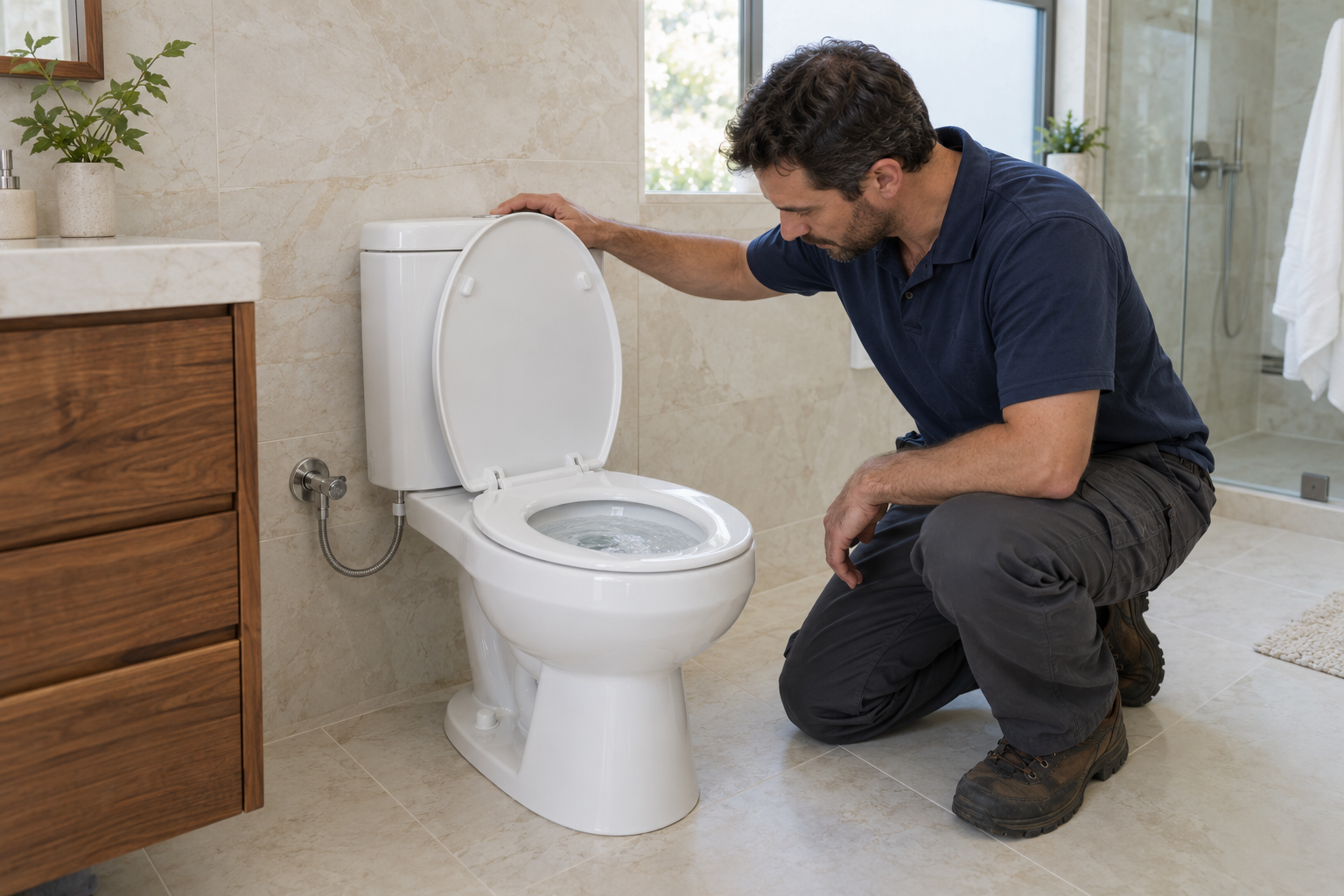 Plumber observing a toilet flush in a finished luxury bathroom with one supply connector and an accessible wall shutoff