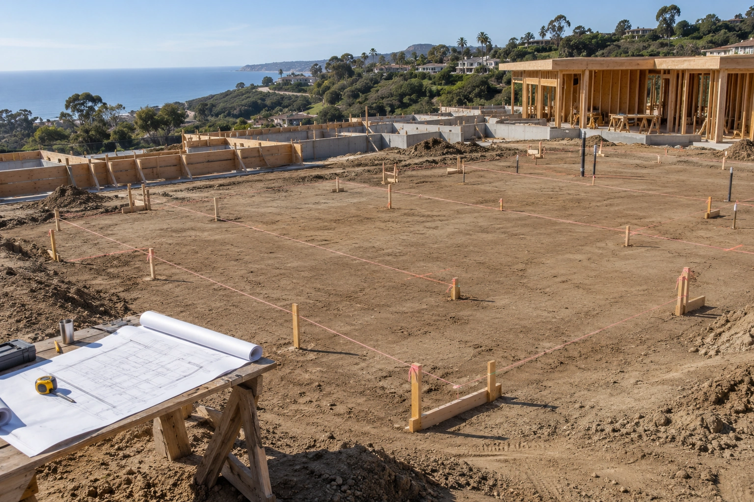 Staked plumbing layout across the foundation footprint of a California luxury residence