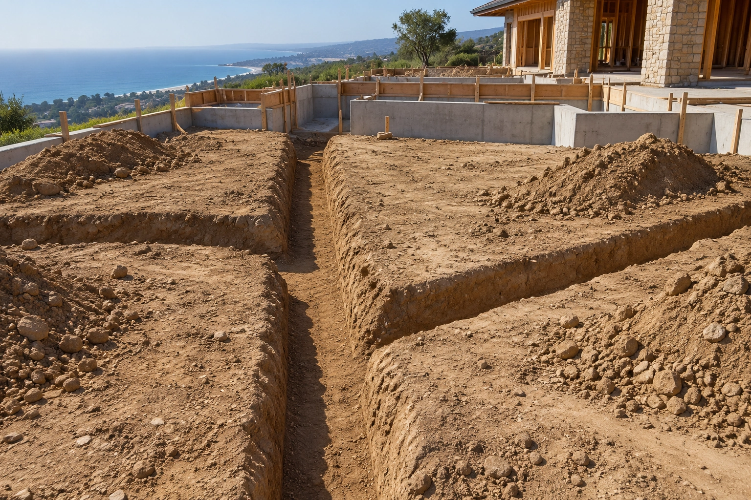 Shallow open drainage trenches prepared within a new residential construction site