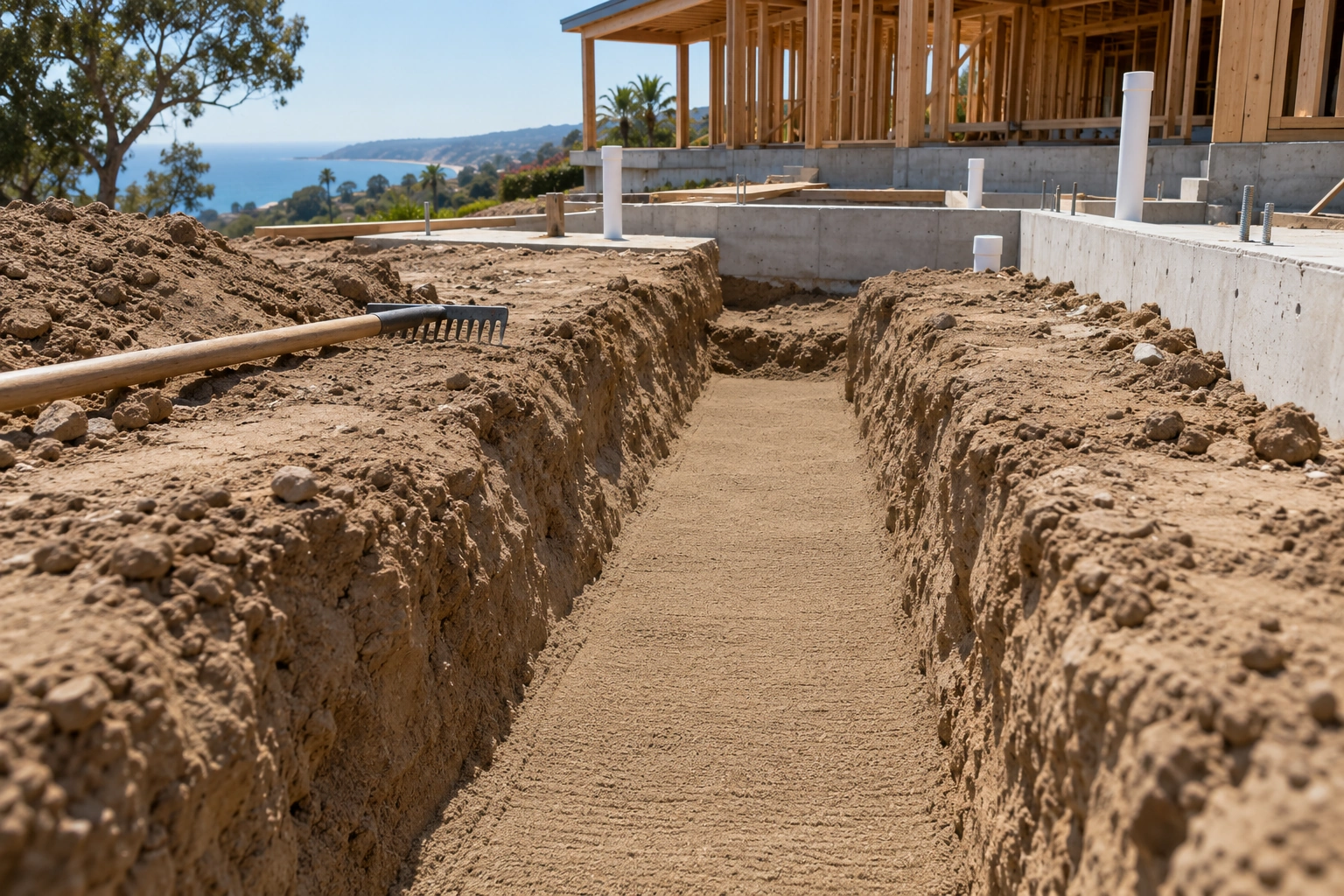 Fine granular bedding prepared along the bottom of a shallow plumbing trench