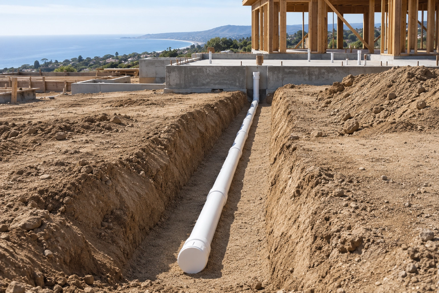 White PVC drainage trunk supported continuously on granular bedding before slab construction