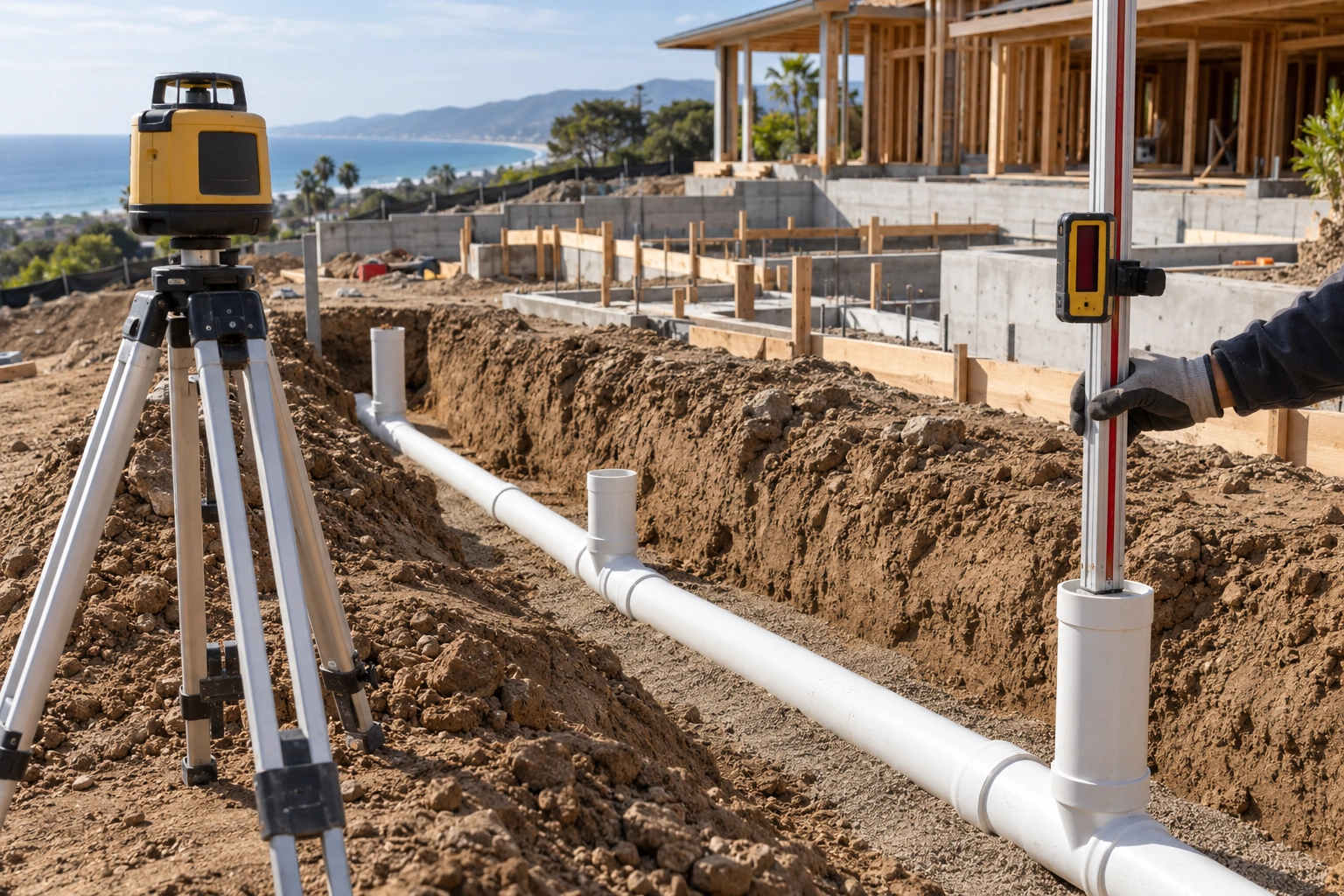 Grade checking equipment beside a straight underground drain on its prepared bed
