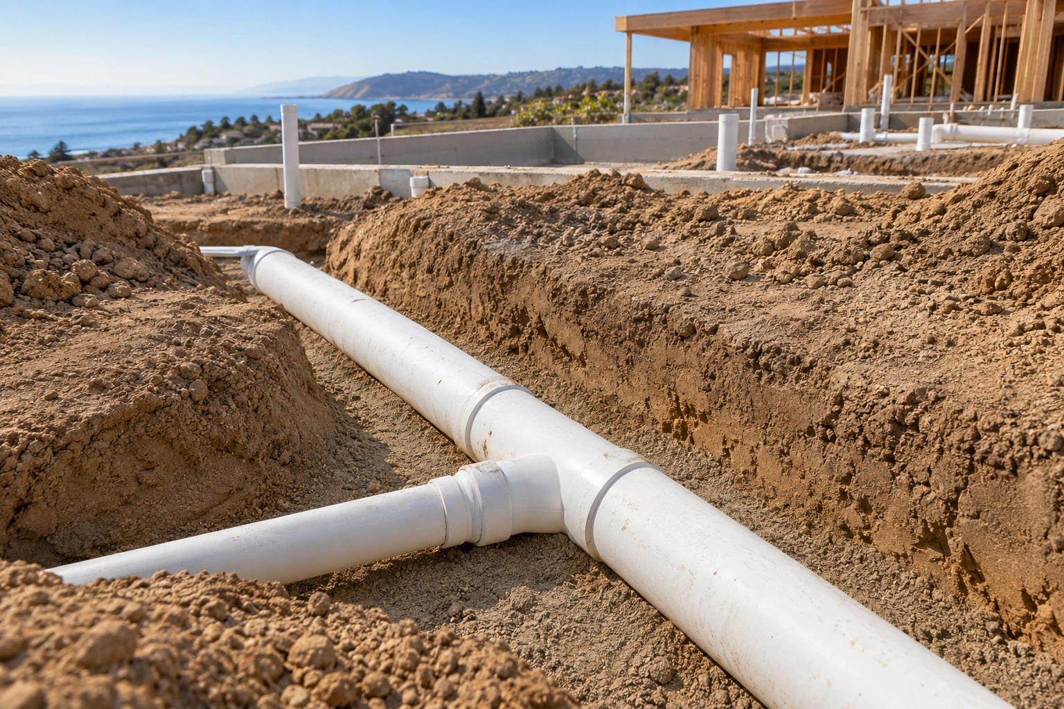 A sweeping wye branch joins an underground PVC drain in an open trench