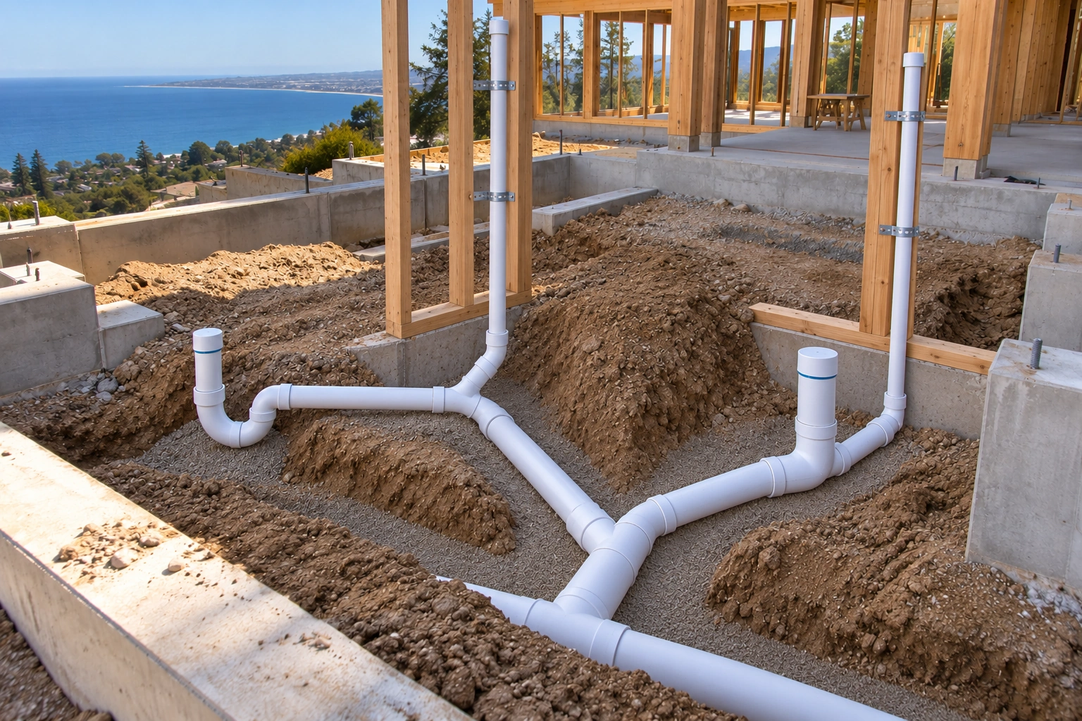 Bathroom drain rough-in with a shower trap, trap arm, and vent takeoffs rising toward the future walls