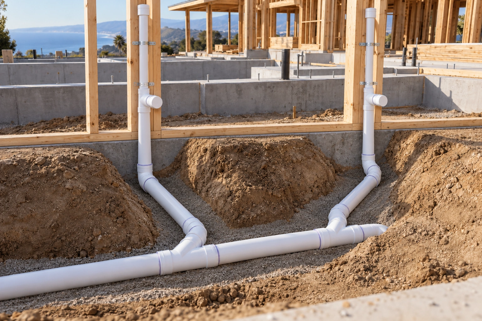 Kitchen and laundry drain connections in future wall framing with vents continuing vertically above the fixture inlets
