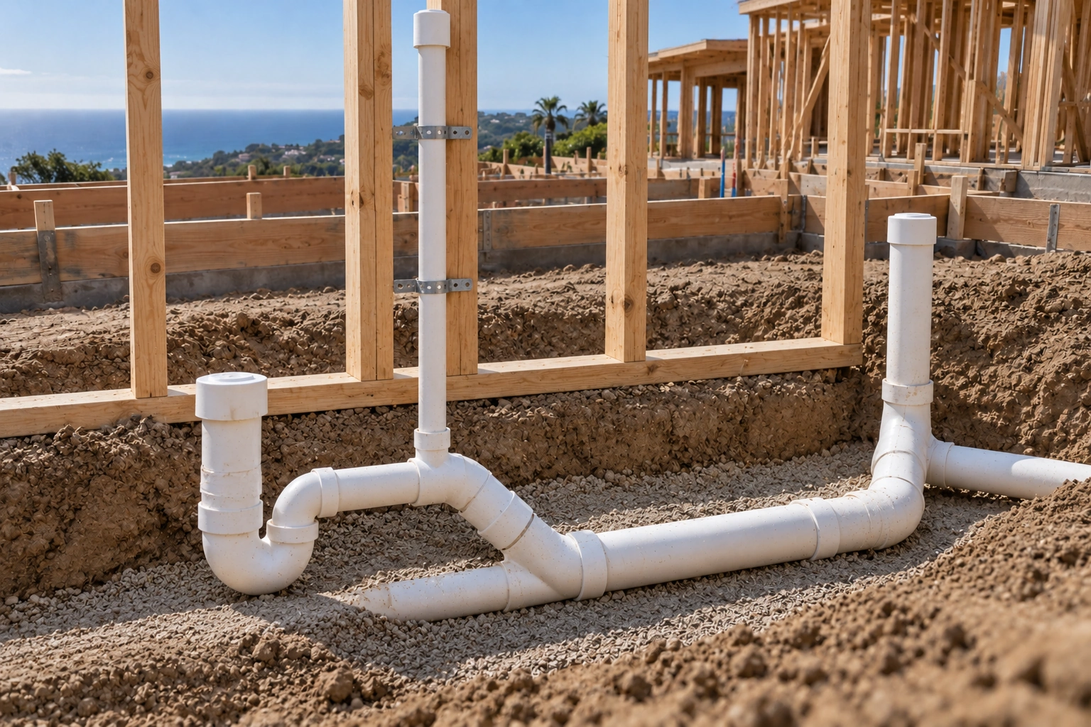 Close view of a fixture drain and its connected vent takeoff rising into a planned wall line