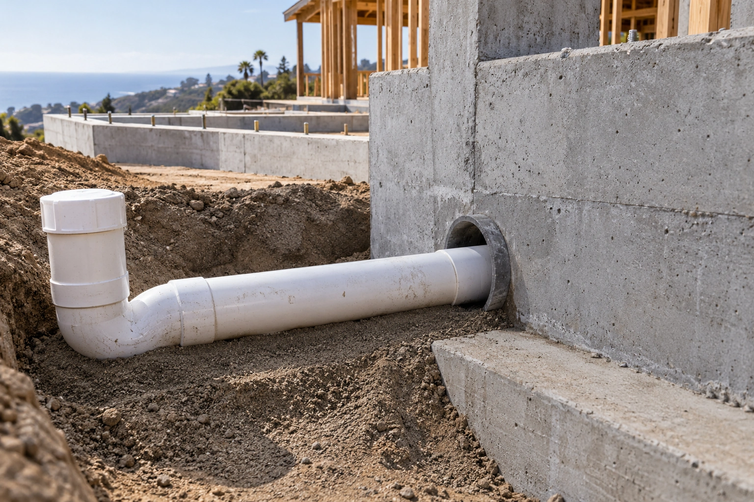 A planned sleeve protects a drainage pipe passing through a foundation wall above the footing