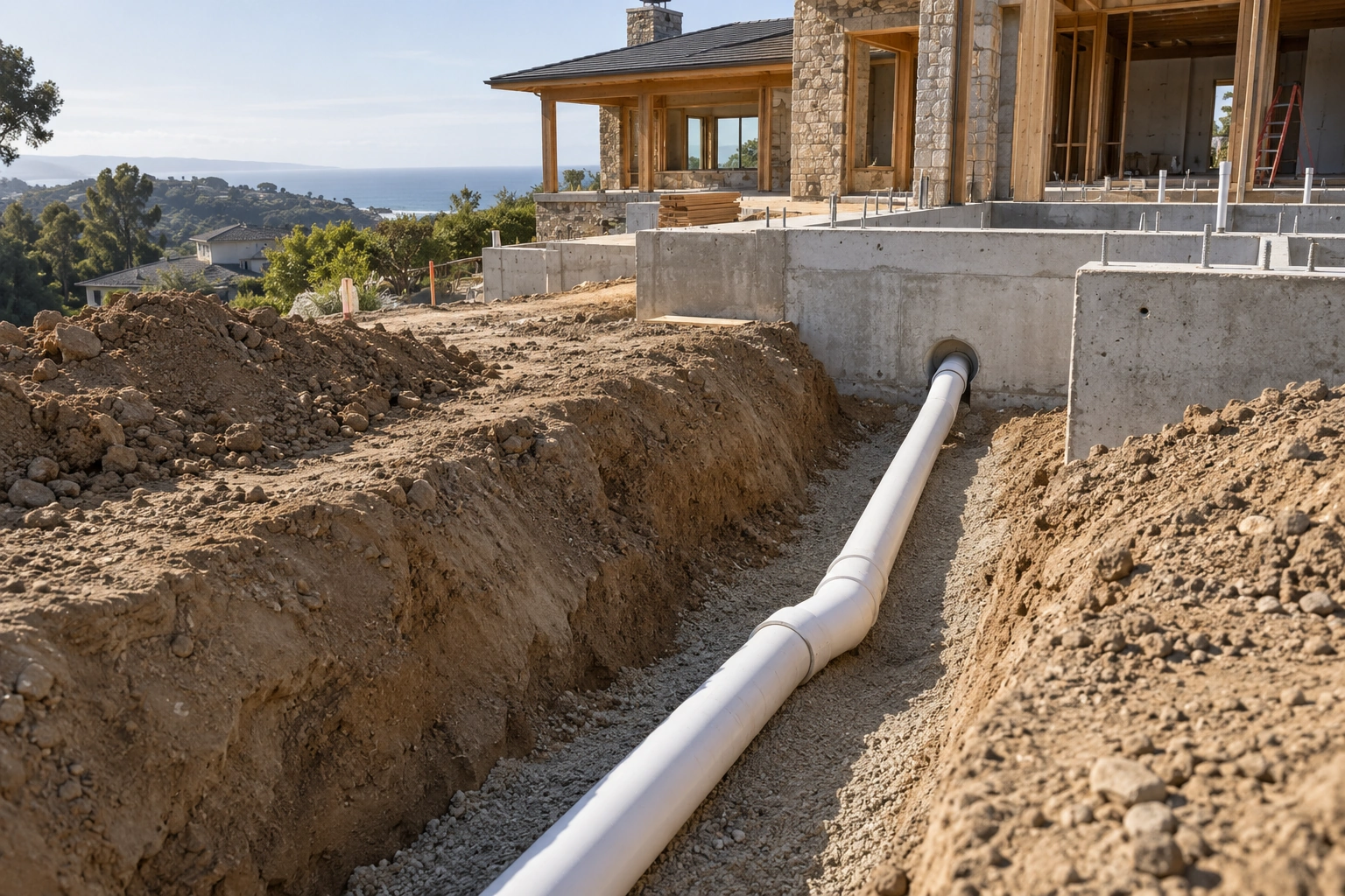 Exterior sanitary sewer piping on a prepared granular bed beside a residential foundation