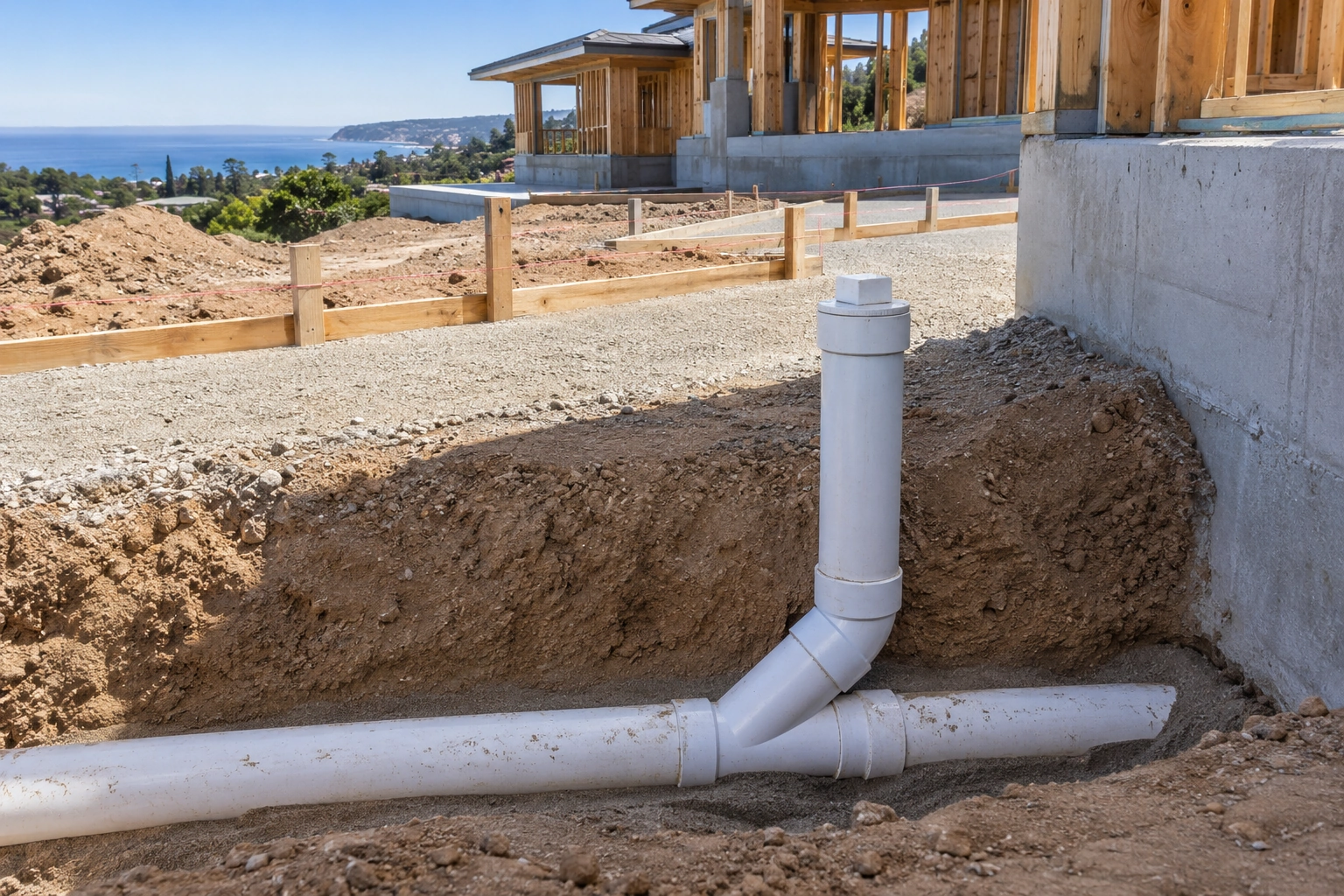A capped exterior sewer cleanout riser positioned for future access at finished grade