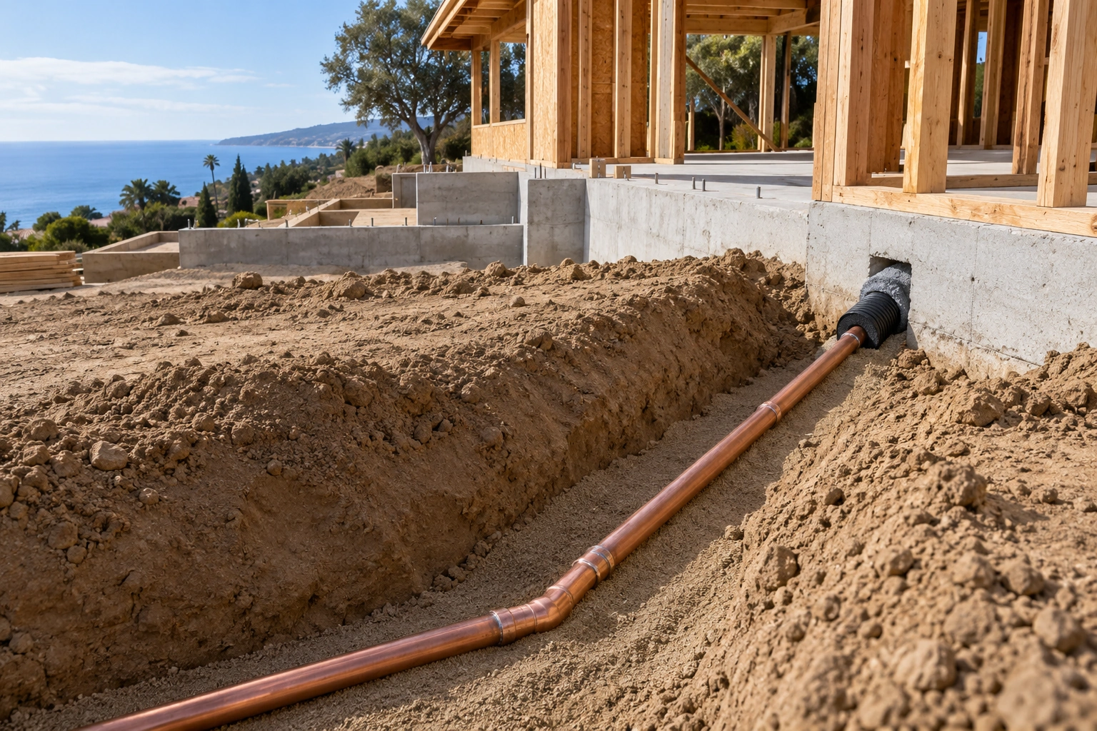 Copper potable-water service piping in a dedicated trench separate from the sanitary sewer