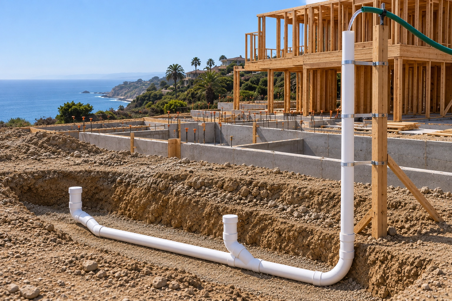 Capped underground plastic drainage piping with a vertical standpipe prepared for water testing