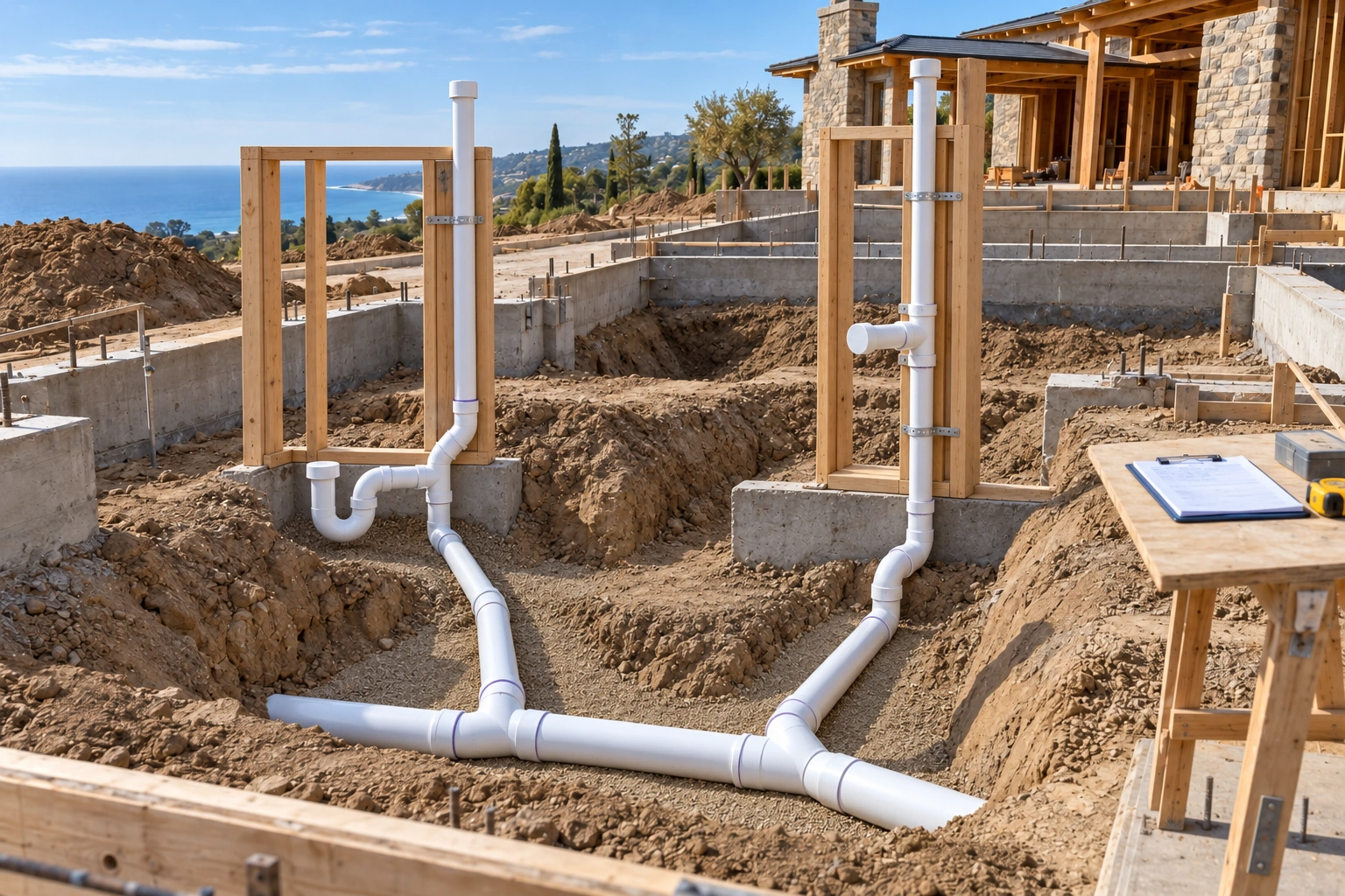 Exposed underground drains and identifiable vent connections rising along future wall lines before inspection