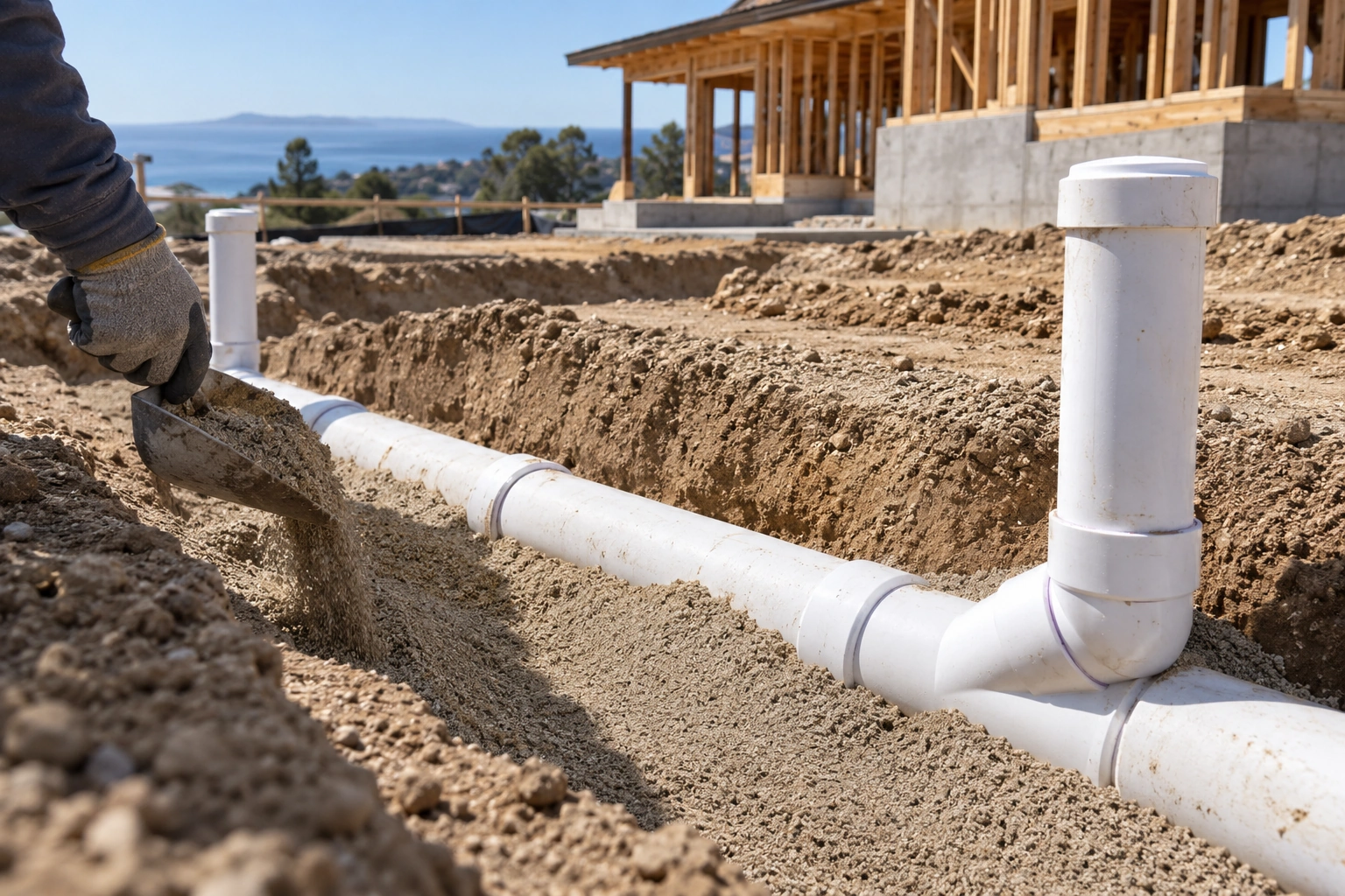 Clean granular backfill placed evenly around supported underground pipe with capped risers protected