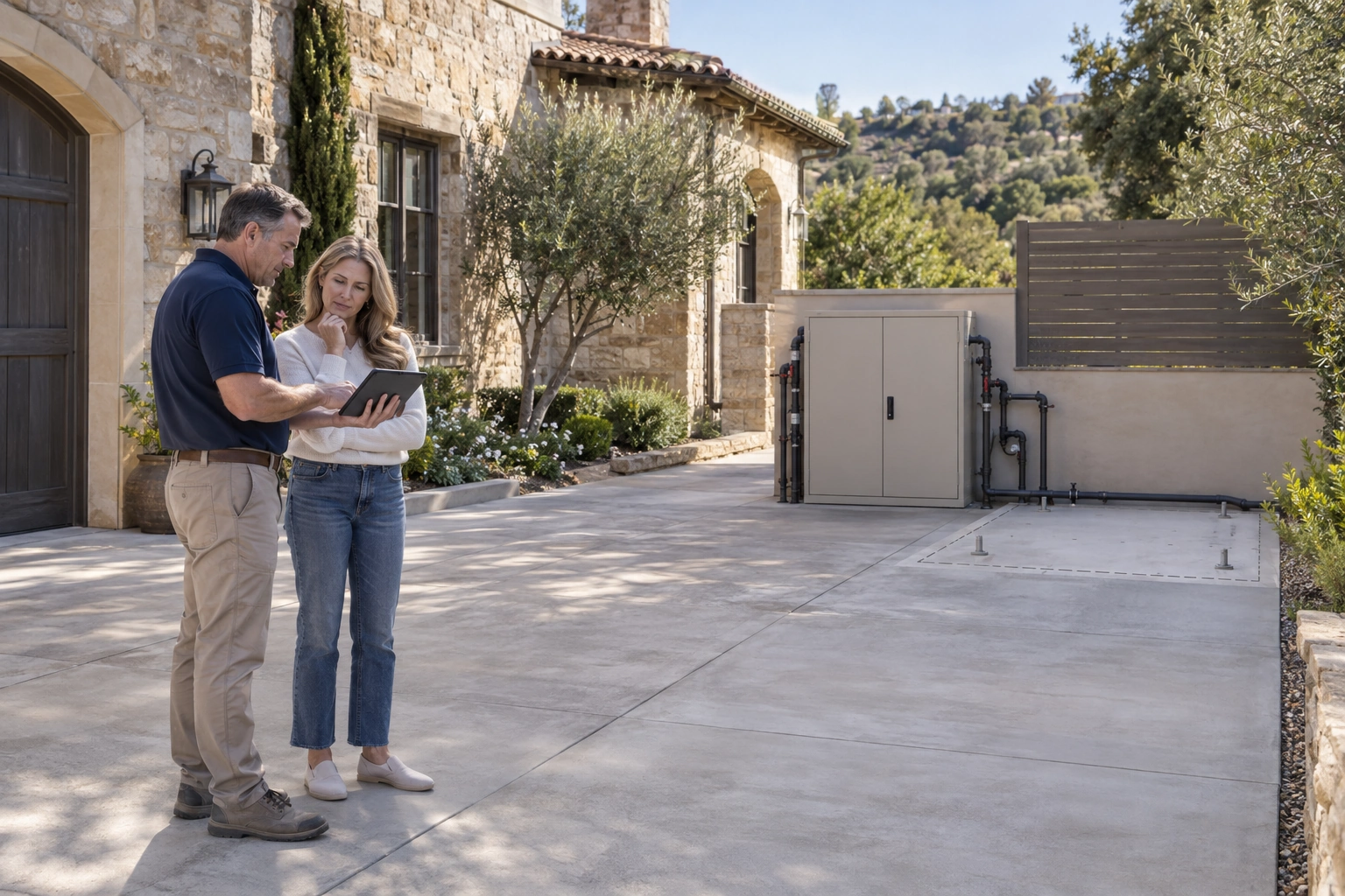 Installer and homeowner reviewing the water-system service area at a luxury California residence