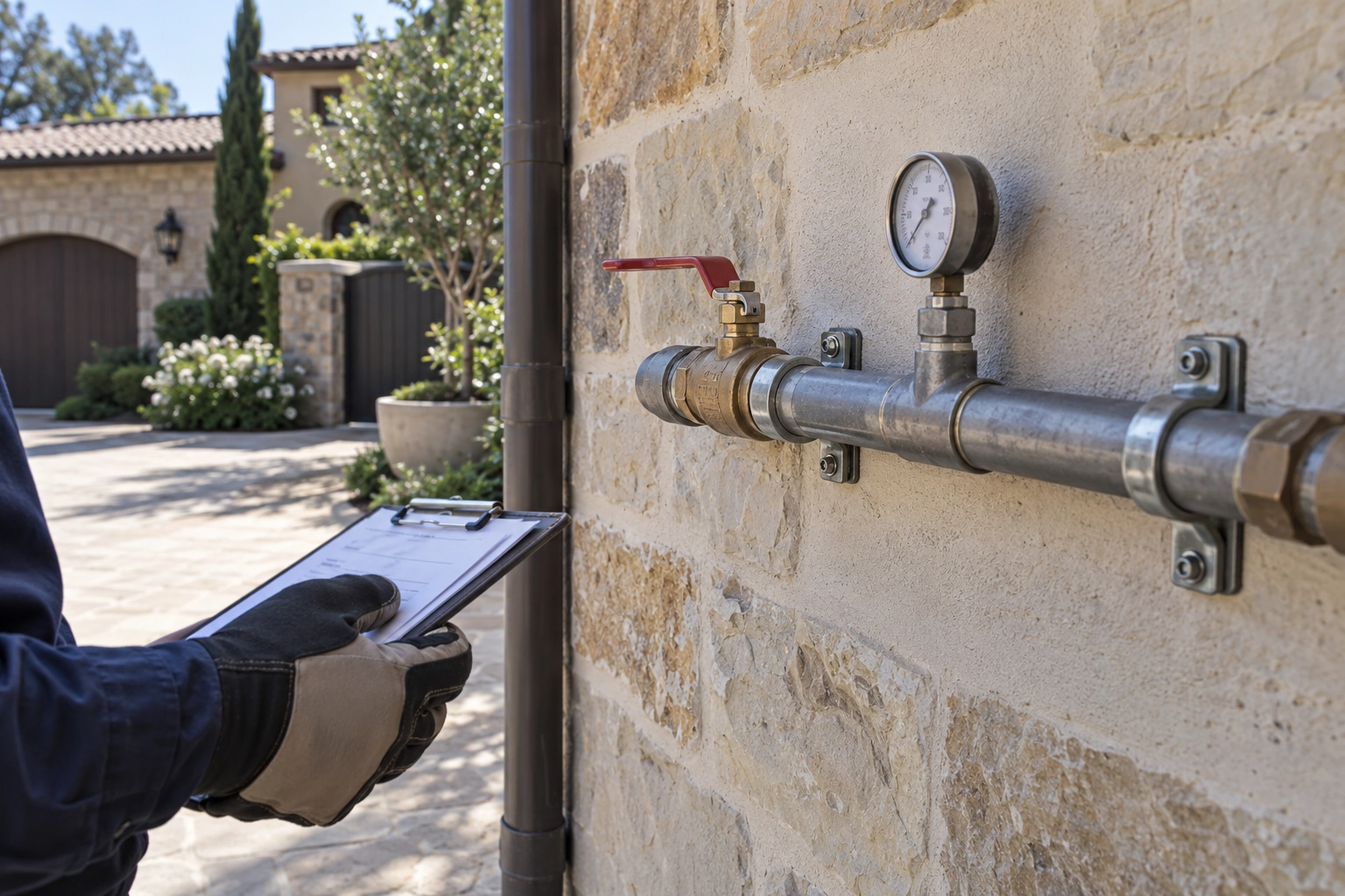 Supported exterior water pipe with an accessible isolation valve and pressure gauge beside a stone wall