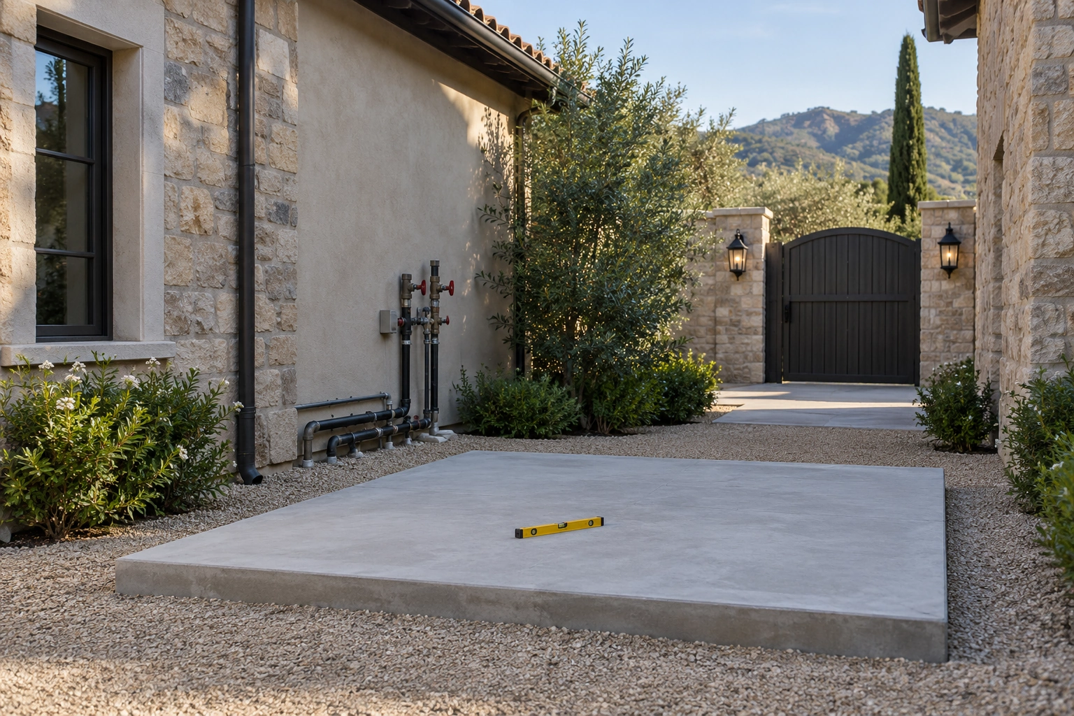 Broad smooth concrete tank foundation with a small spirit level in a luxury-home service courtyard