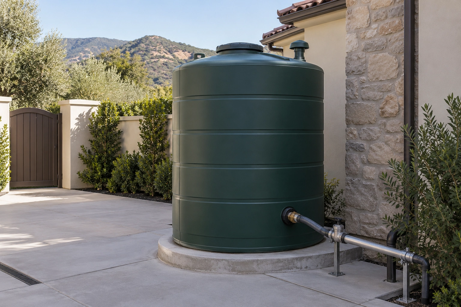 Covered green storage tank on a fully supporting concrete base with protected vent and flexible outlet connection