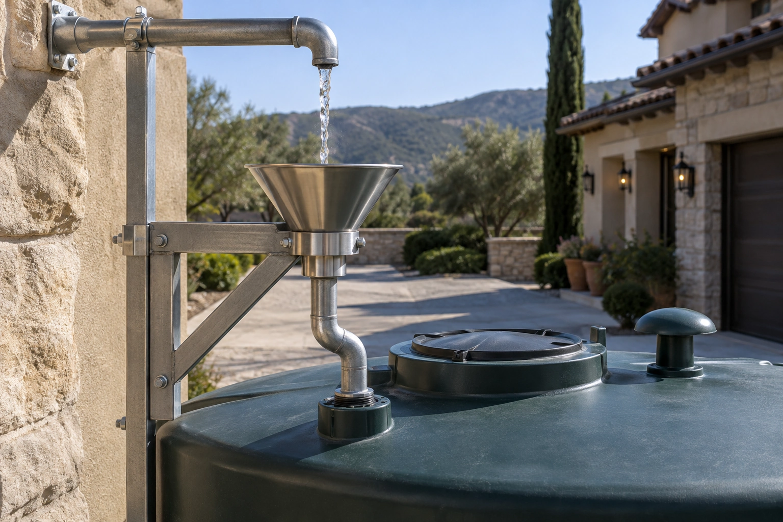 Water falling from a supply spout across a visible air gap into a receiver that drains downward into a covered tank