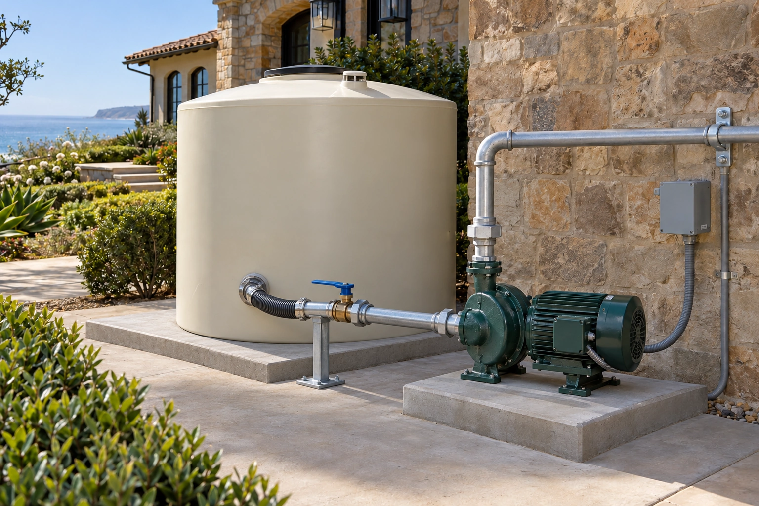 Compact booster pump on a stable base beside a dedicated storage tank with supported suction and discharge piping