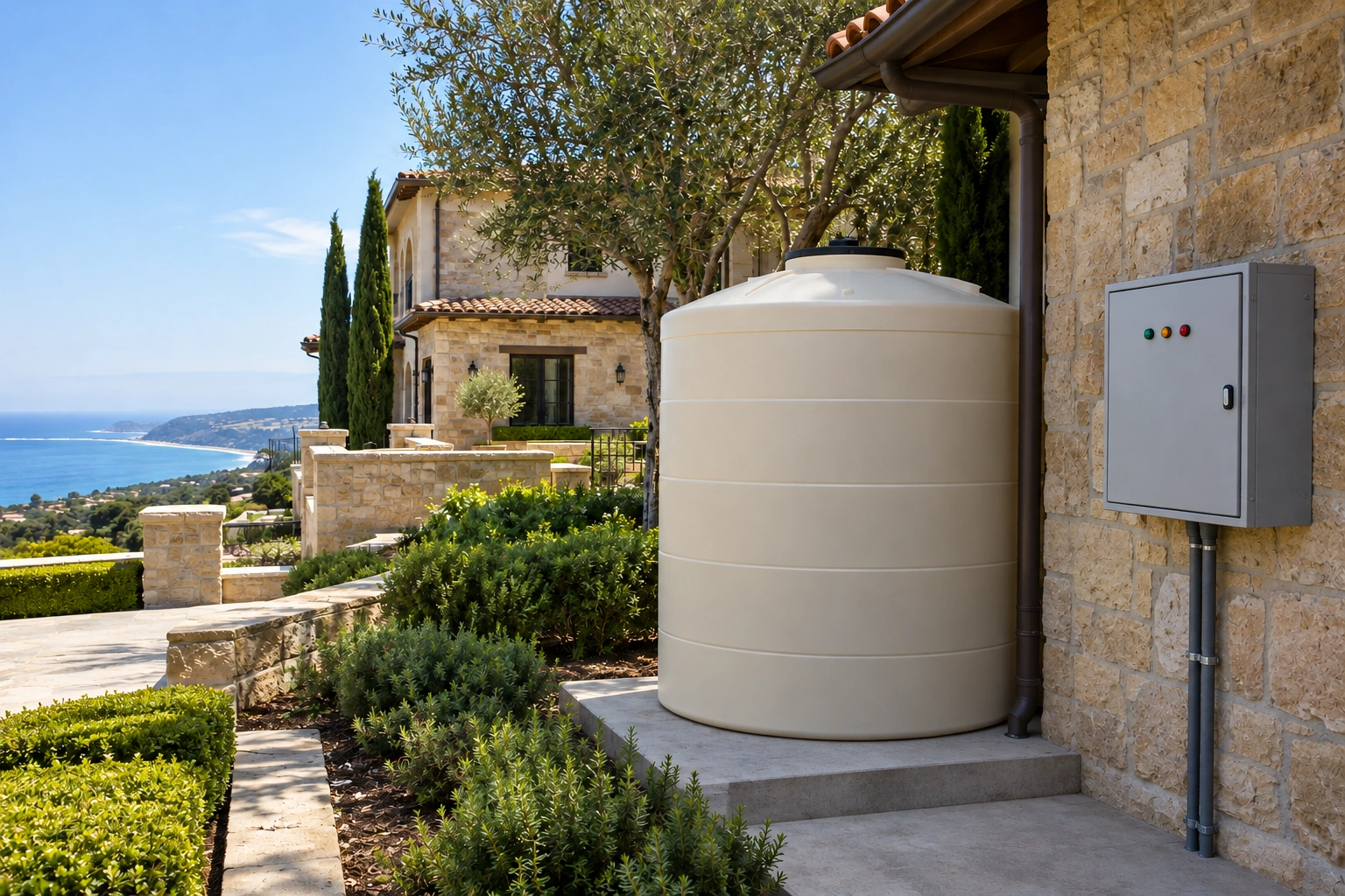 Closed weatherproof controller enclosure with sealed conduit near the water-storage installation