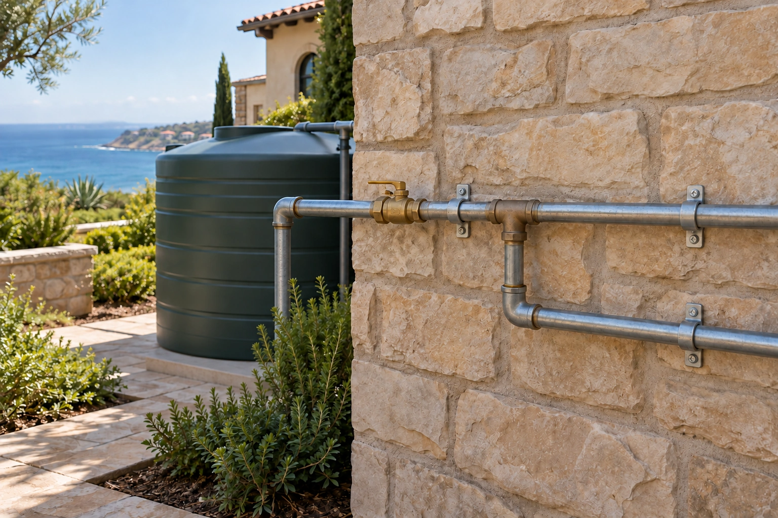 Supported pump discharge pipe with accessible isolation and branches to exterior sprinkler-zone lines