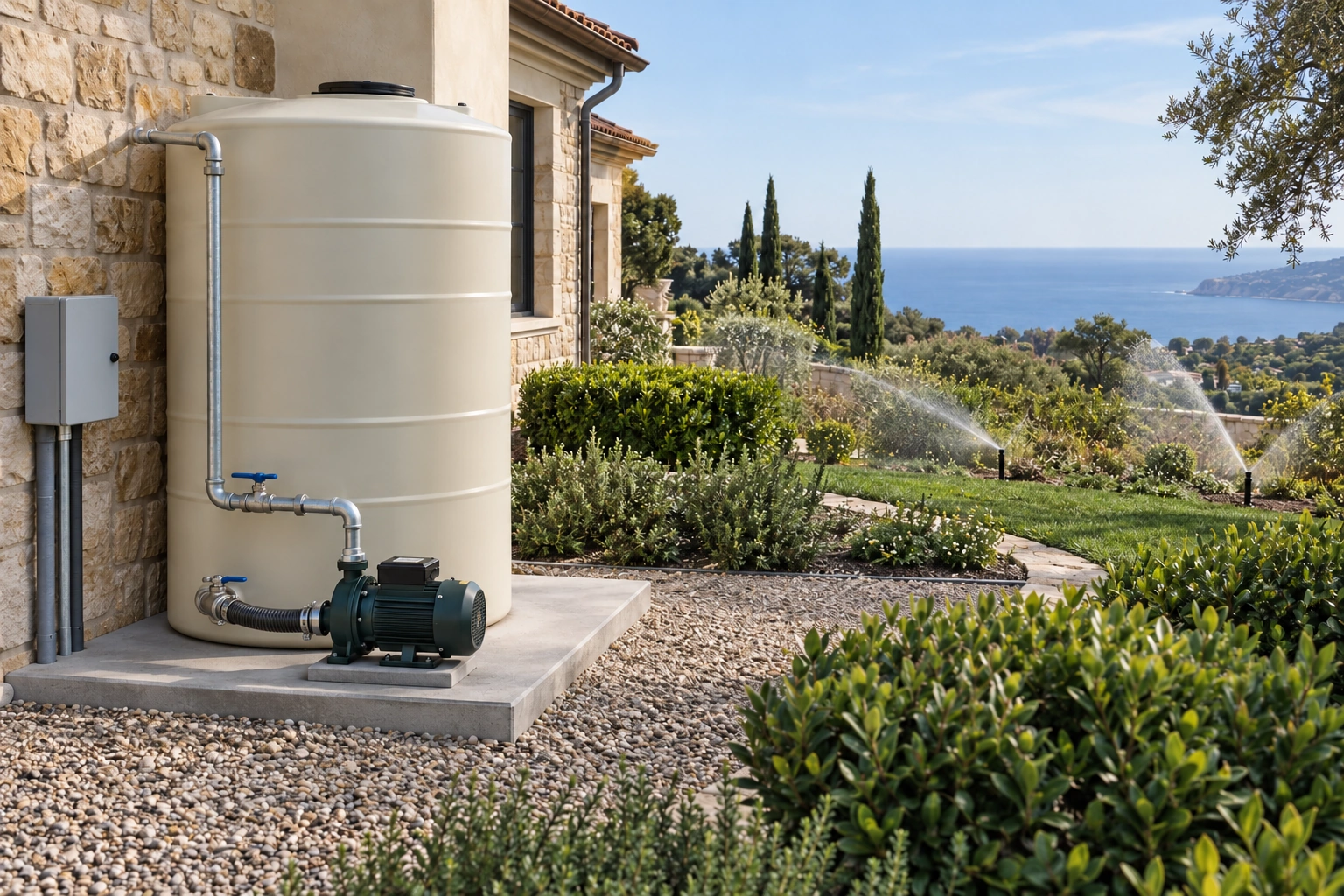 Tank and pump service area with perimeter sprinklers operating in the garden during a controlled demonstration