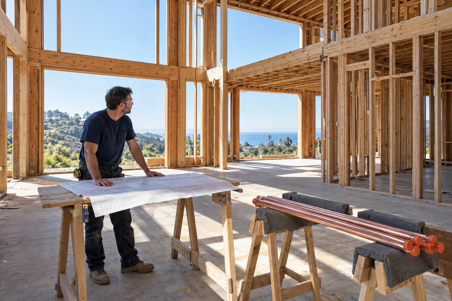 Plumber reviewing water-supply plans in the open framing of a luxury California home