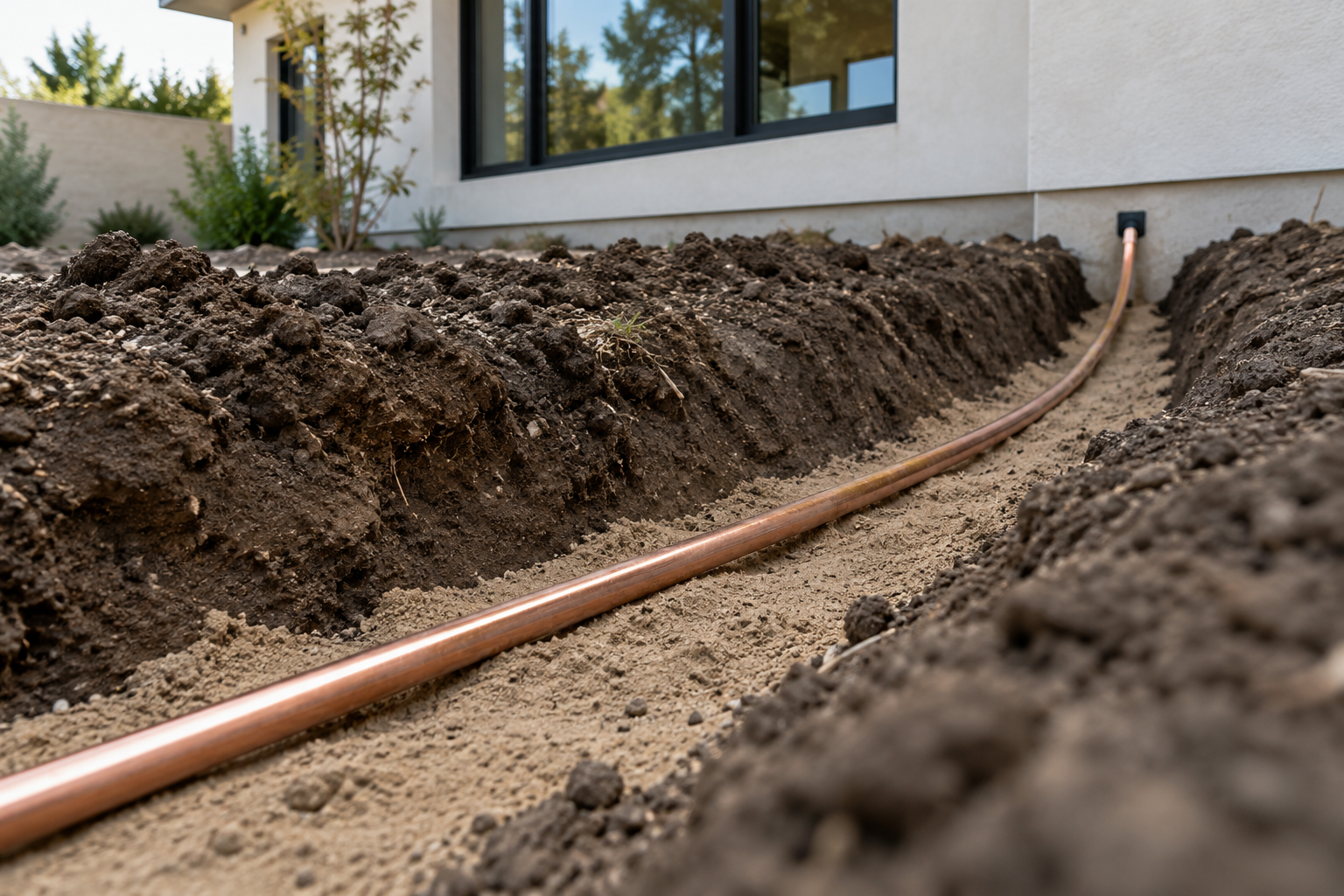 Continuous copper water-service tubing on prepared bedding leading to a protected foundation entry