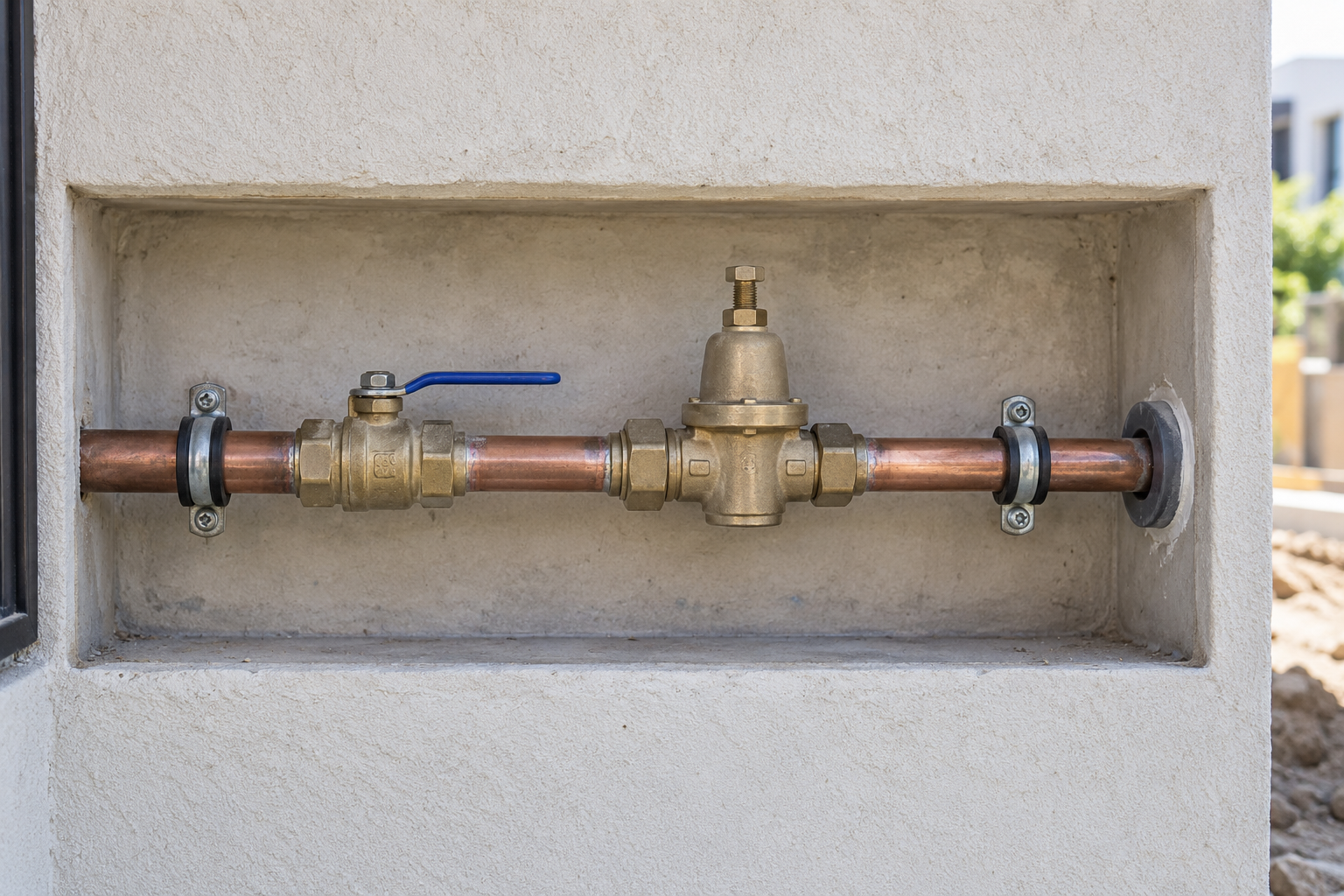 Accessible main ball valve and pressure-reducing valve connected inline with copper water-service piping