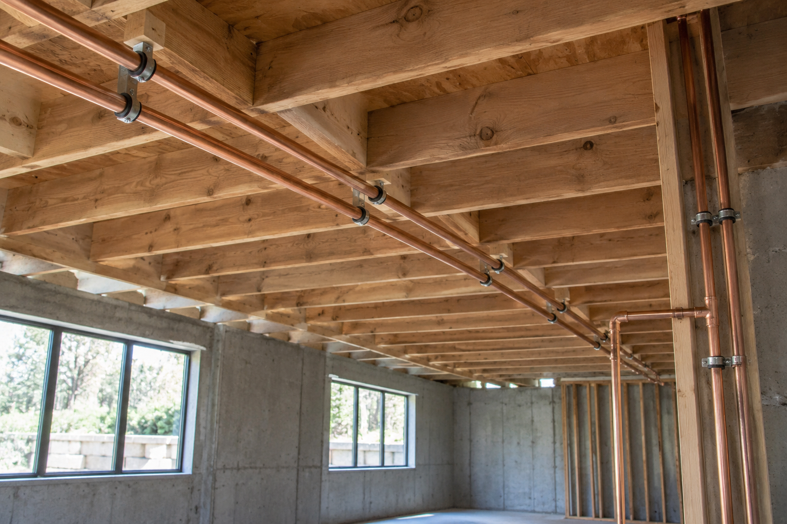 Parallel supported copper distribution pipes beneath open floor framing in a custom home