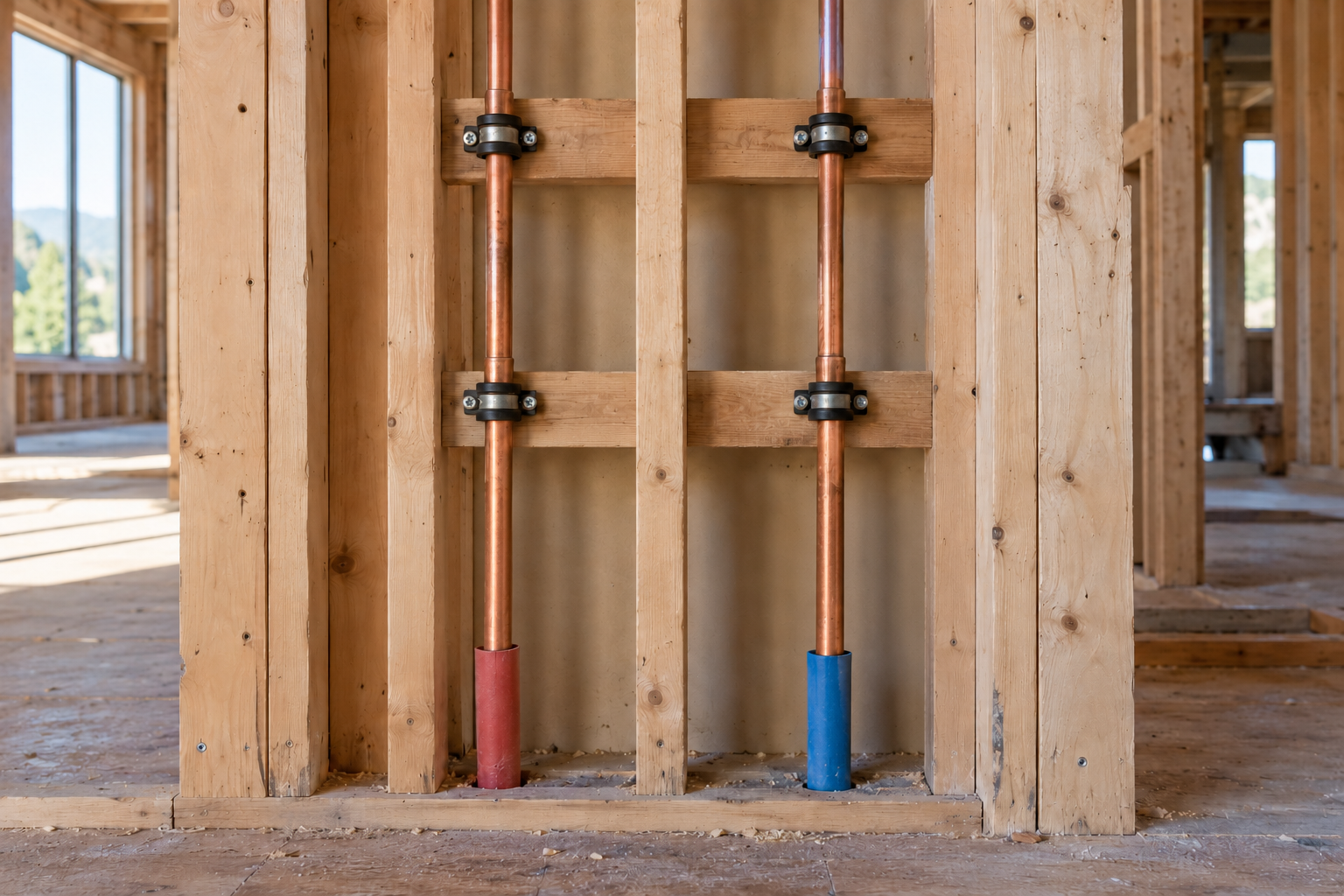 Two separate copper supply risers secured to blocking and passing through protective floor sleeves