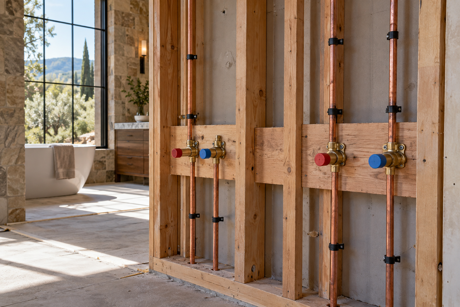 Supported copper hot and cold fixture outlets positioned in the framing of a luxury bathroom