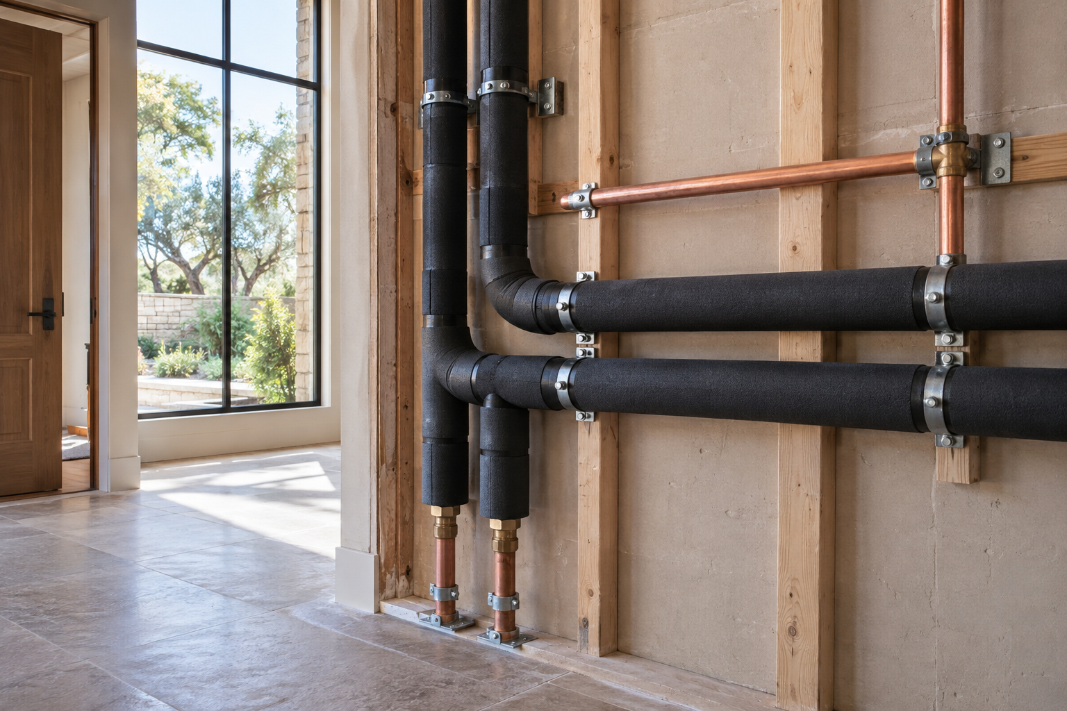 Insulated hot-water piping and a separate cold-water run in a luxury home utility area