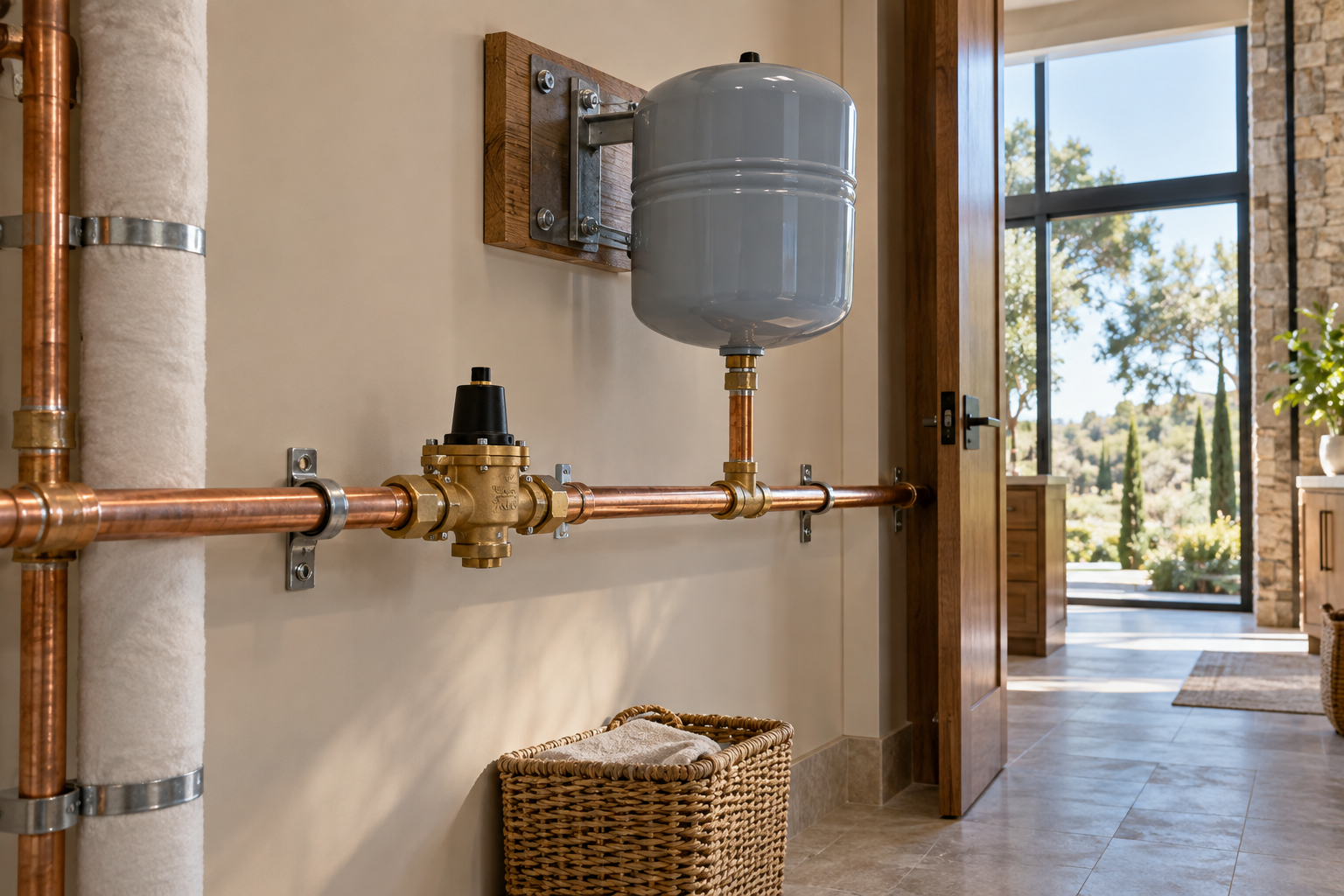 Bracket-supported potable-water expansion tank connected to the cold supply in a residential utility room