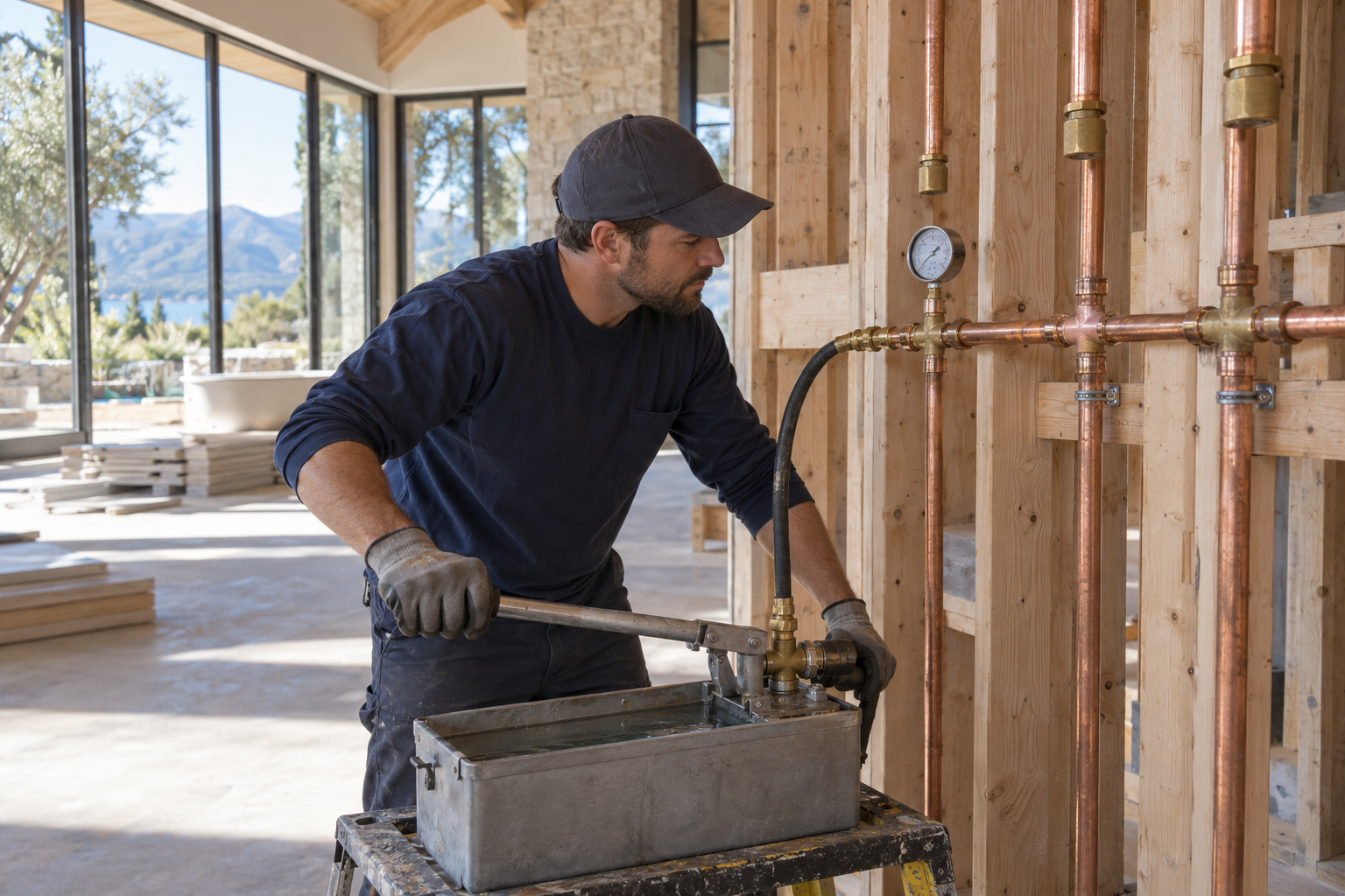 Technician observing a gauge and water test pump connected to capped copper distribution piping