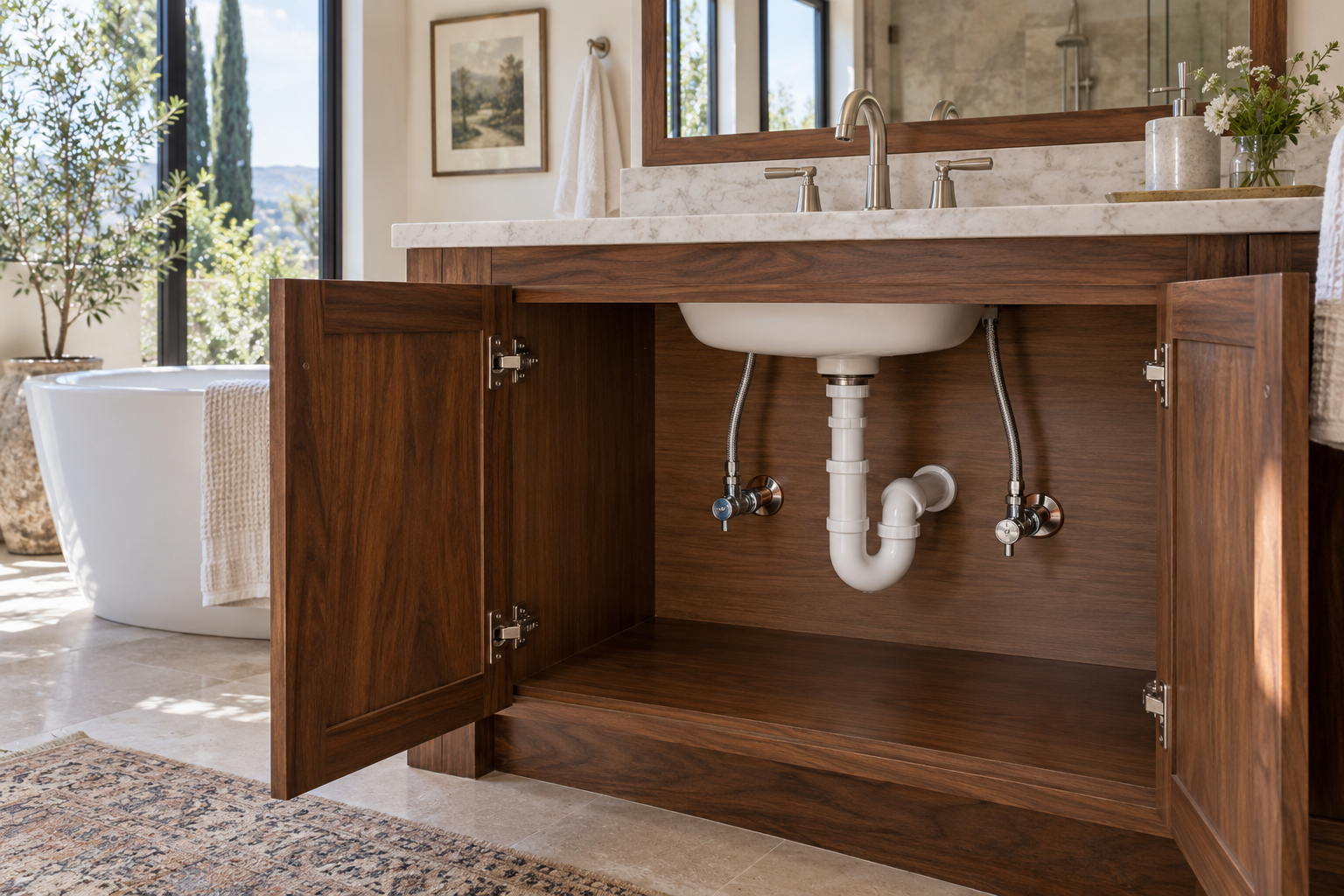 Accessible water shutoffs and faucet supply connections inside an open luxury bathroom vanity
