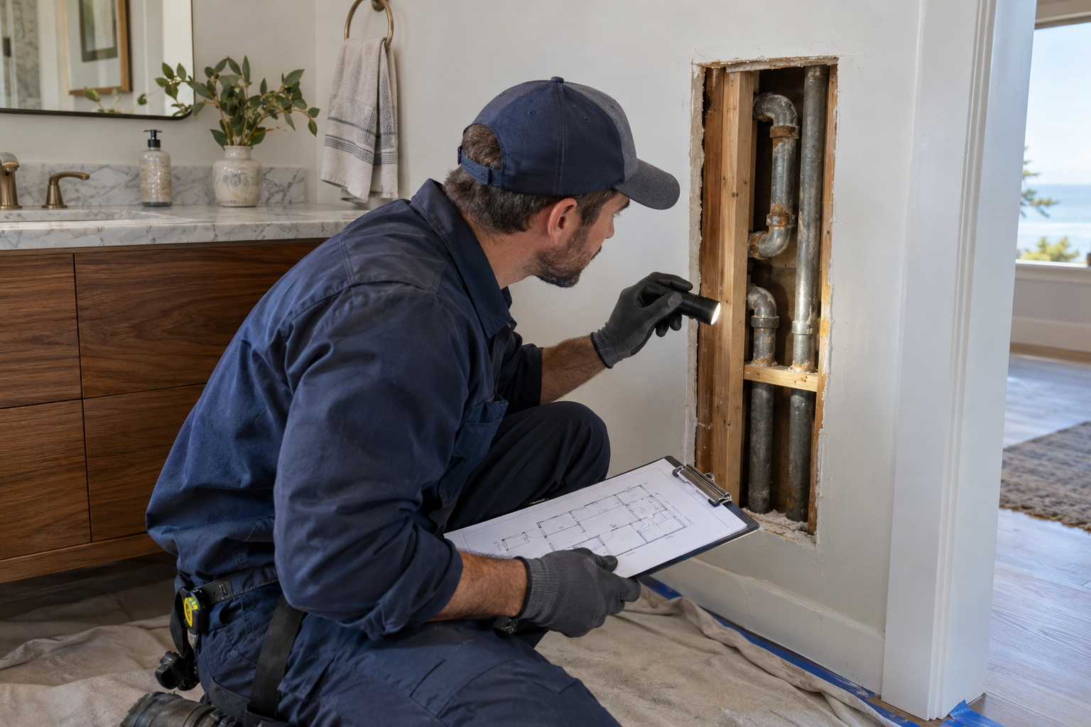 Plumber inspecting aging galvanized water piping through a small wall opening beside a luxury bathroom vanity