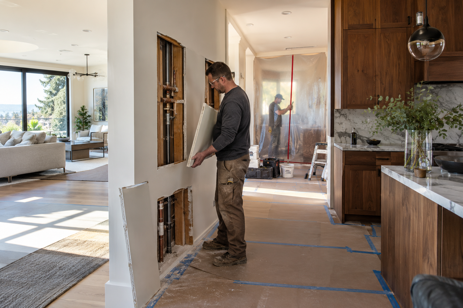 Worker removing a drywall panel in a luxury home with protected floors and a temporary dust barrier