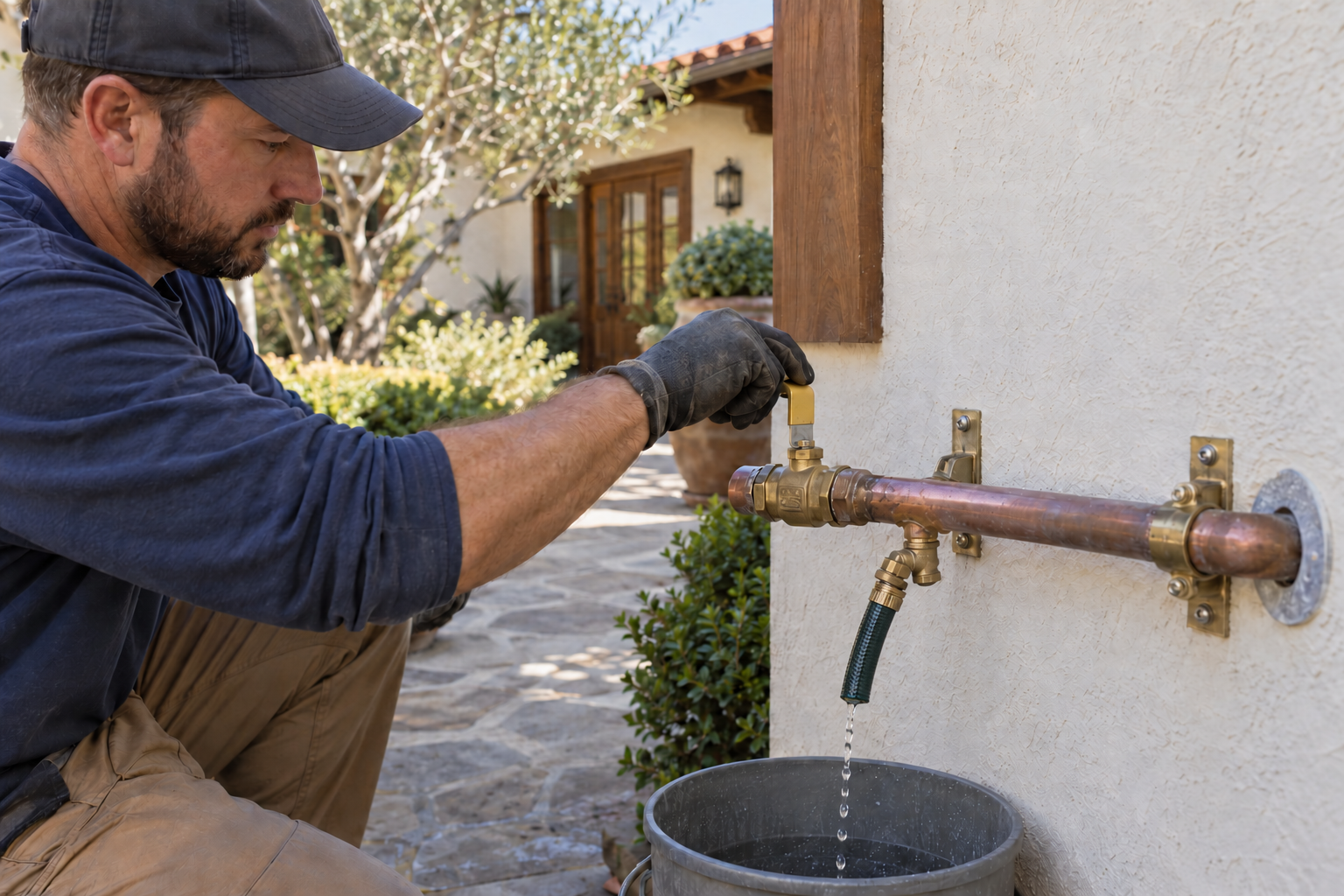 Plumber closing an accessible main water valve with a downstream hose directed into a collection bucket