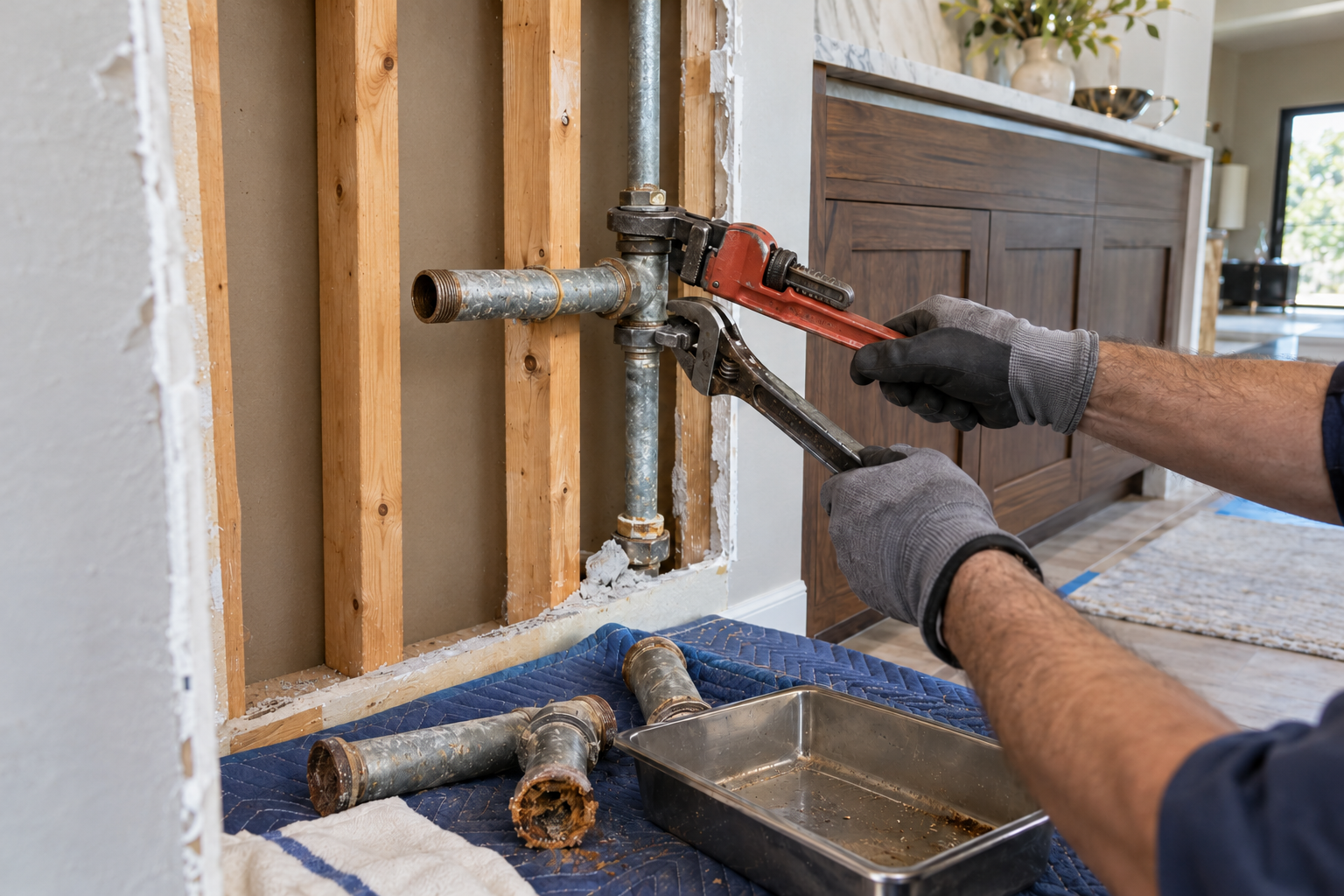 Plumber using two wrenches to dismantle an isolated galvanized water branch beside removed pipe sections