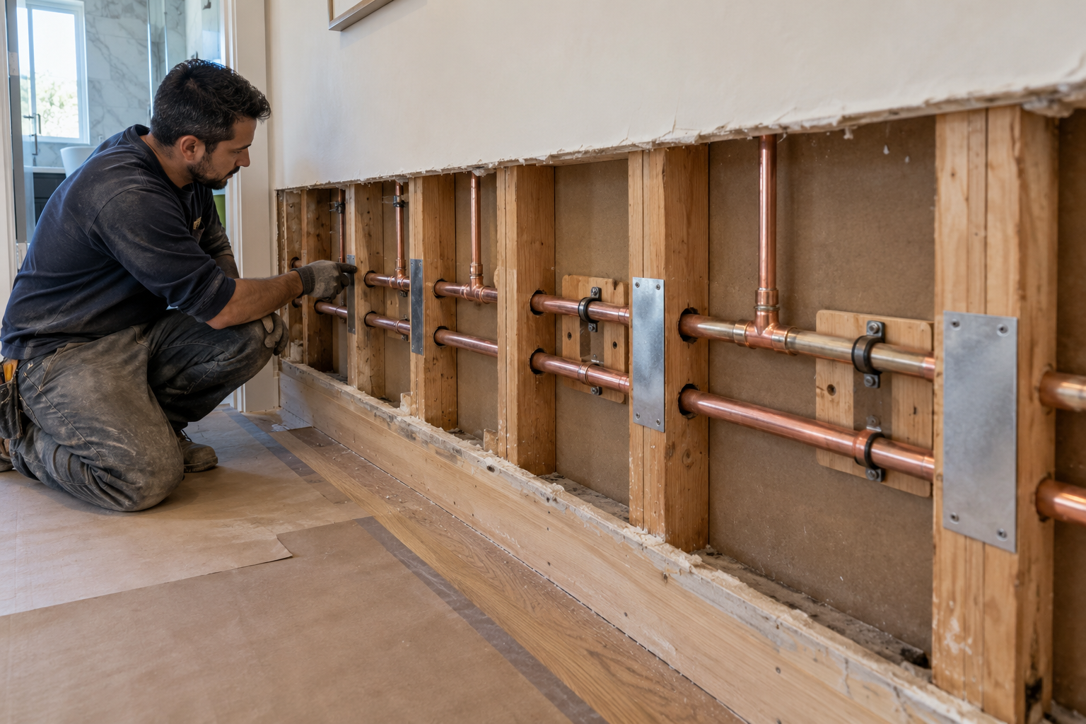 Separate new copper water lines supported through protected wood framing openings during a home repipe