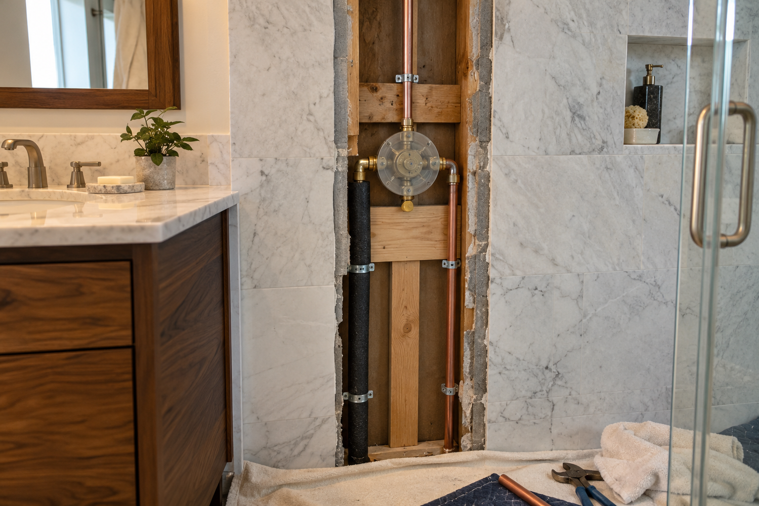 Replacement copper hot and cold branches connected to a shower valve through a bathroom wall access opening
