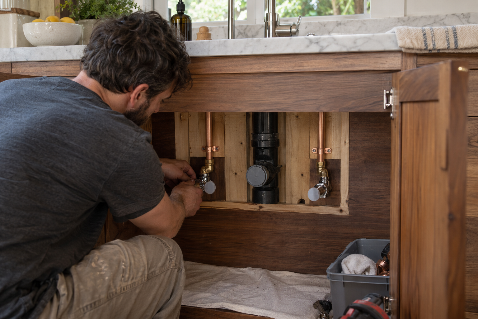 Separate copper fixture stub-outs and shutoff valves in an open kitchen cabinet wall