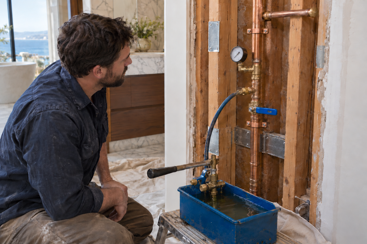 Plumber inspecting a pressure gauge connected to exposed copper replacement water lines