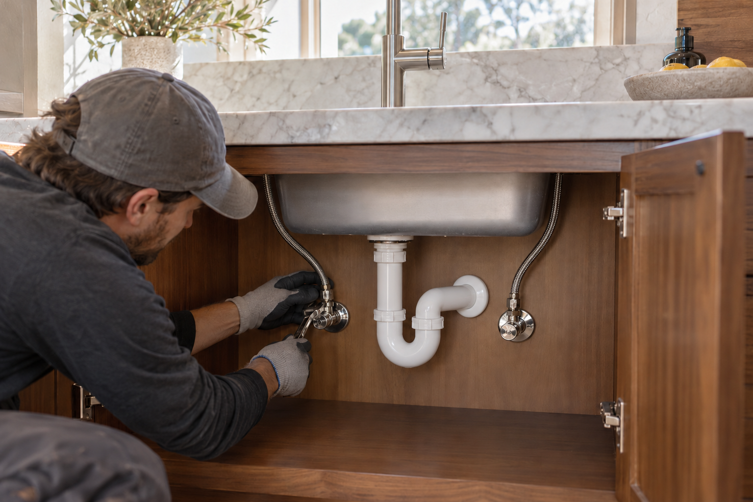 Plumber connecting independent faucet supply lines inside a restored luxury kitchen sink cabinet